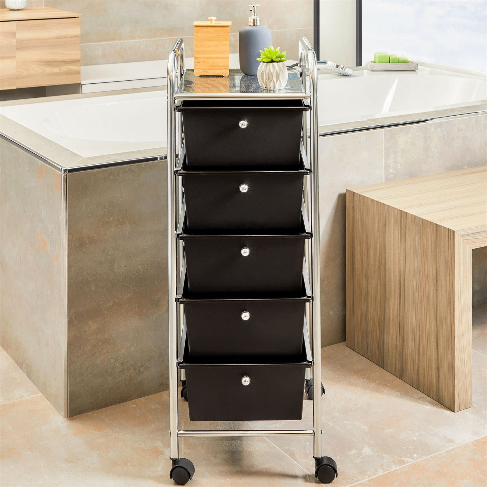IDIMEX Rollcontainer GINA, Chrom/schwarz - Rollwagen mit 5 Schubladen, lackiertes Metallgestell in Chrom auf Rollen, Friseurwagen, Badezimmerschrank, Kosmetik Aufbewahrung