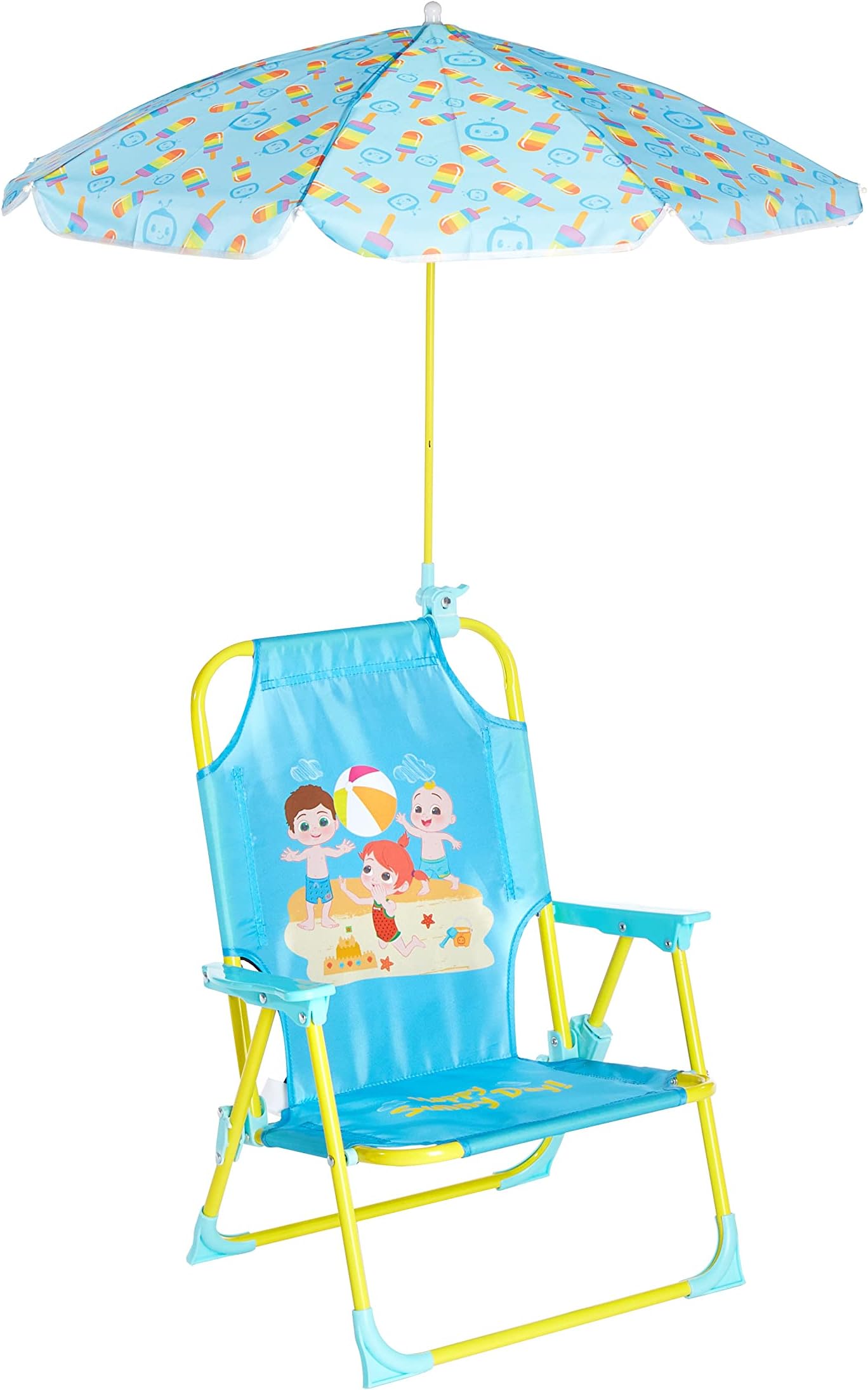 CoComelon Kids Folding Beach Chair with Umbrella – Outdoor Portable Chair for Ages 3+, Lightweight with Safety Lock, Perfect for Beach, Park, or Backyard