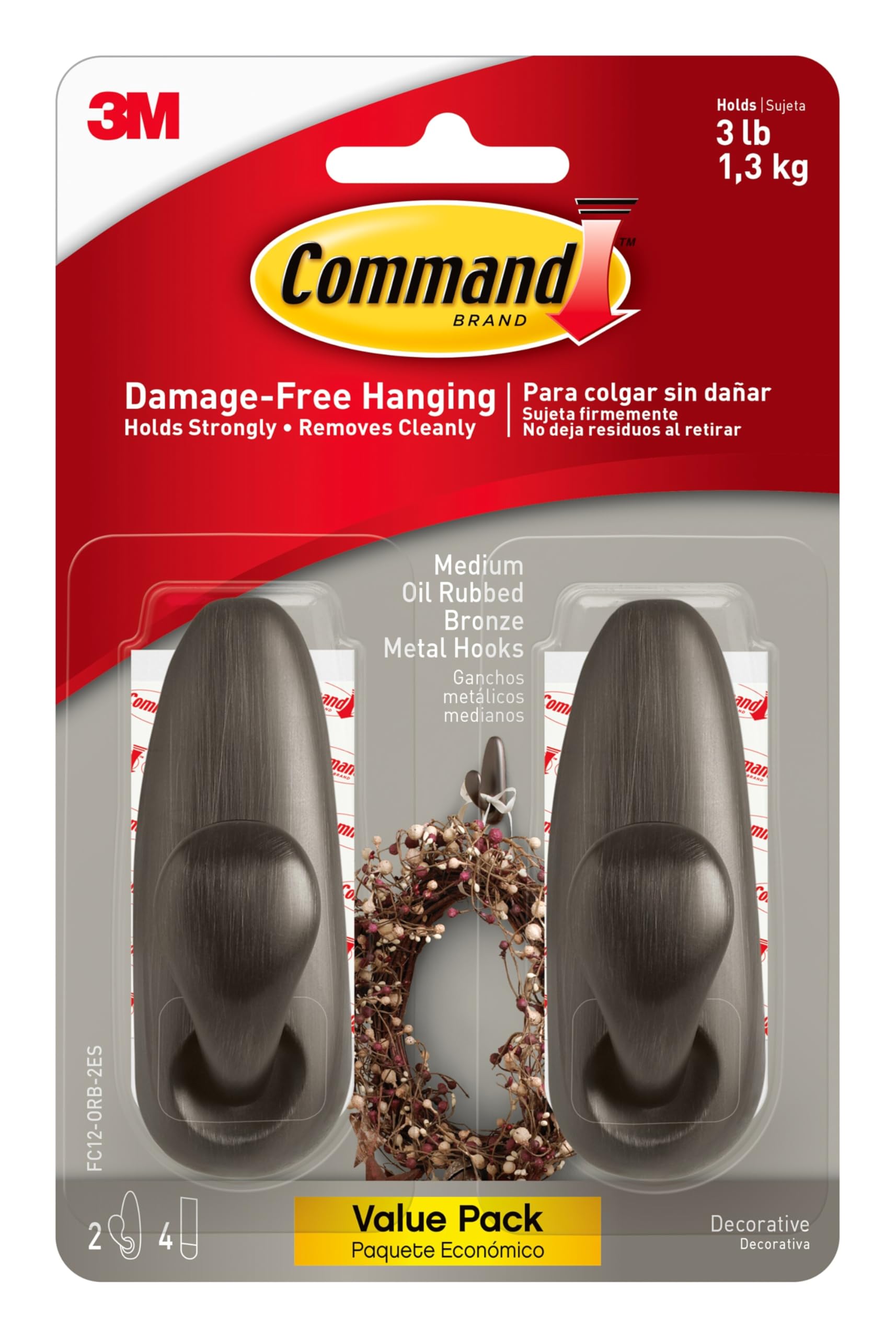Command Medium Oil Rubbed Bronze Metal Hooks, 2 Hooks and 4 Command Strips, Damage Free Wall Hooks with Adhesive Strips, Forever Classic Hooks for Hanging Home Decor, Holds up to 3 lb