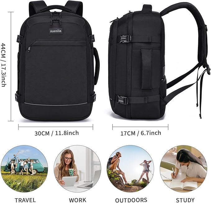 Asenlin Travel Backpack for Women and Men,15.6 Inch Carry on Backpack Flight Approved Luggage,Weekender Bag Water Resistant Laptop Backpack-Black