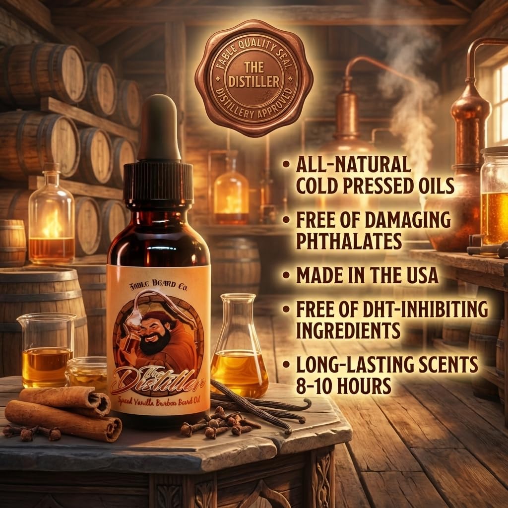 Fable Beard Co. Beard Oil - The Distiller, Mulled Spices, Aged Bourbon & Deep Barrel Woods, Natural Beard Oil for Men with Jojoba & Argan Oils, Vitamin E, Beard Hair Softener, Made in USA (1 Fl Oz) image 3