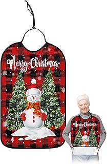 BOBOWUNY Christmas Snowman Adult Bibs for Elder Women Men Eating, Xmas Tree Snowflake Red Black Plaid Waterproof & Washable Bibs for Eating Clothing Protector Dining Bibs for Crumb Catcher