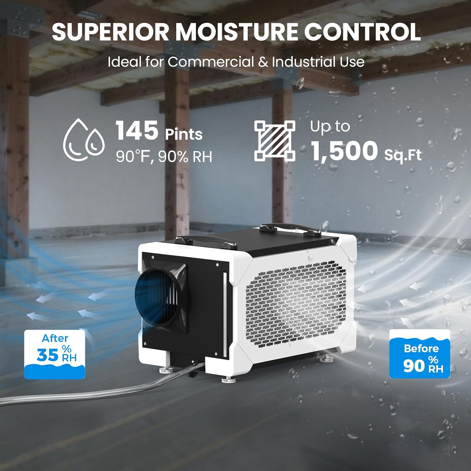 CADPXS Crawl Space Dehumidifier Bundle - 145 Pints Commercial Dehumidifier with Drain Hose + Hanging Kits, Industry Water Damage Unit, Large Capacity, Compact, Auto Defrost