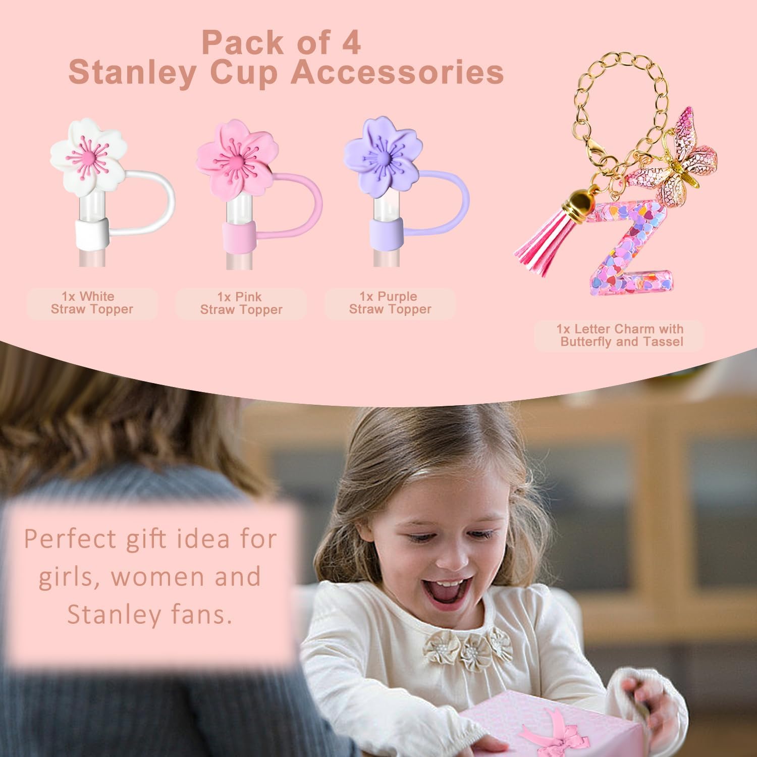 Compatible with Stanley Cup Accessories, Letter Charm and 3Pcs Silicone Straw Cover, 0.4" 10MM Straw Toppers for Stanley 30 40 oz Tumbler, Pink Initial Letter Charm with Butterfly and Tassel (Z)