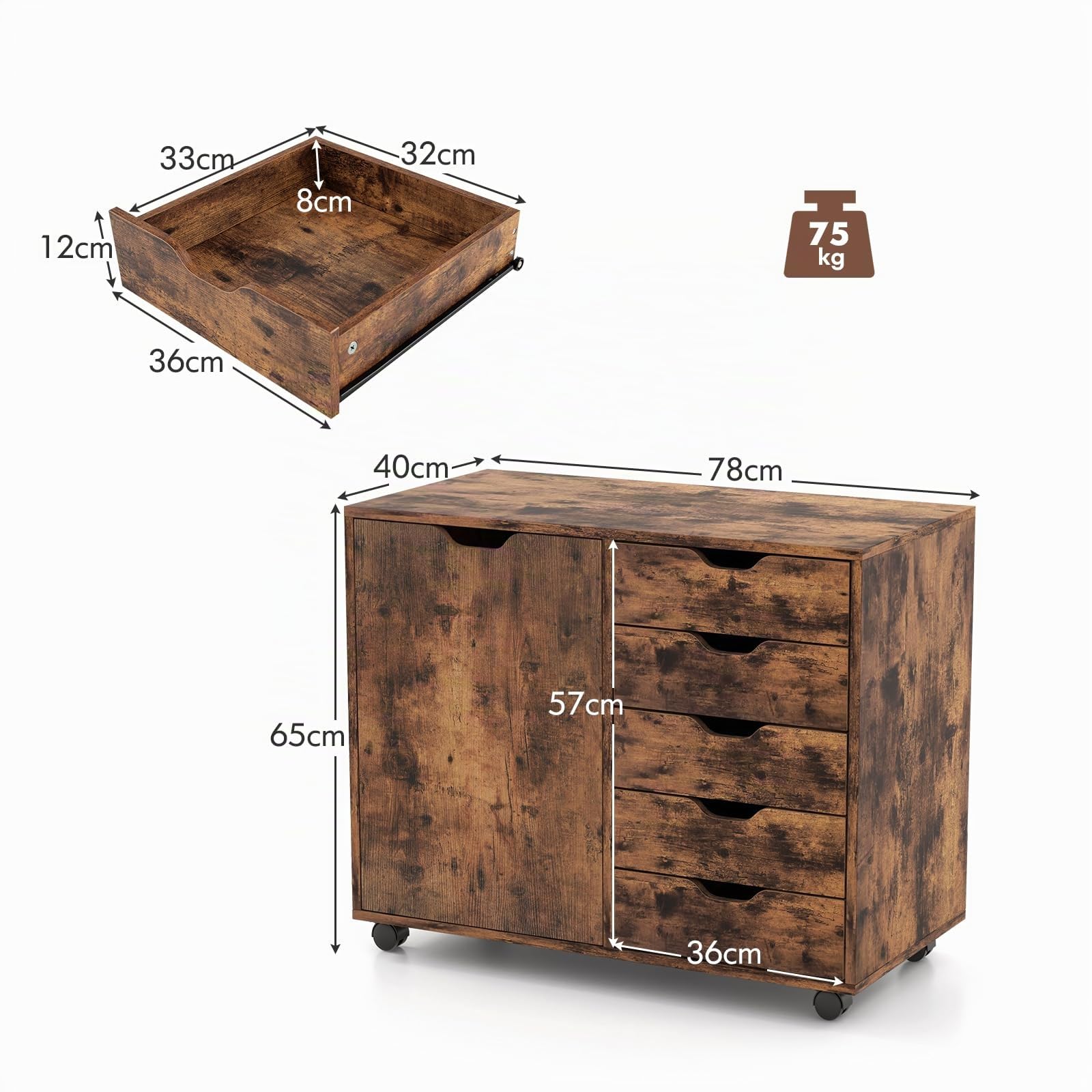 GOPLUS Rollcontainer mit Schubladen, mobiler Aktenschrank mit Schrank, Büroschrank mit 5 Rollen, für Drucker & Bücher, 78 × 39 × 65cm (Rustikales Braun)