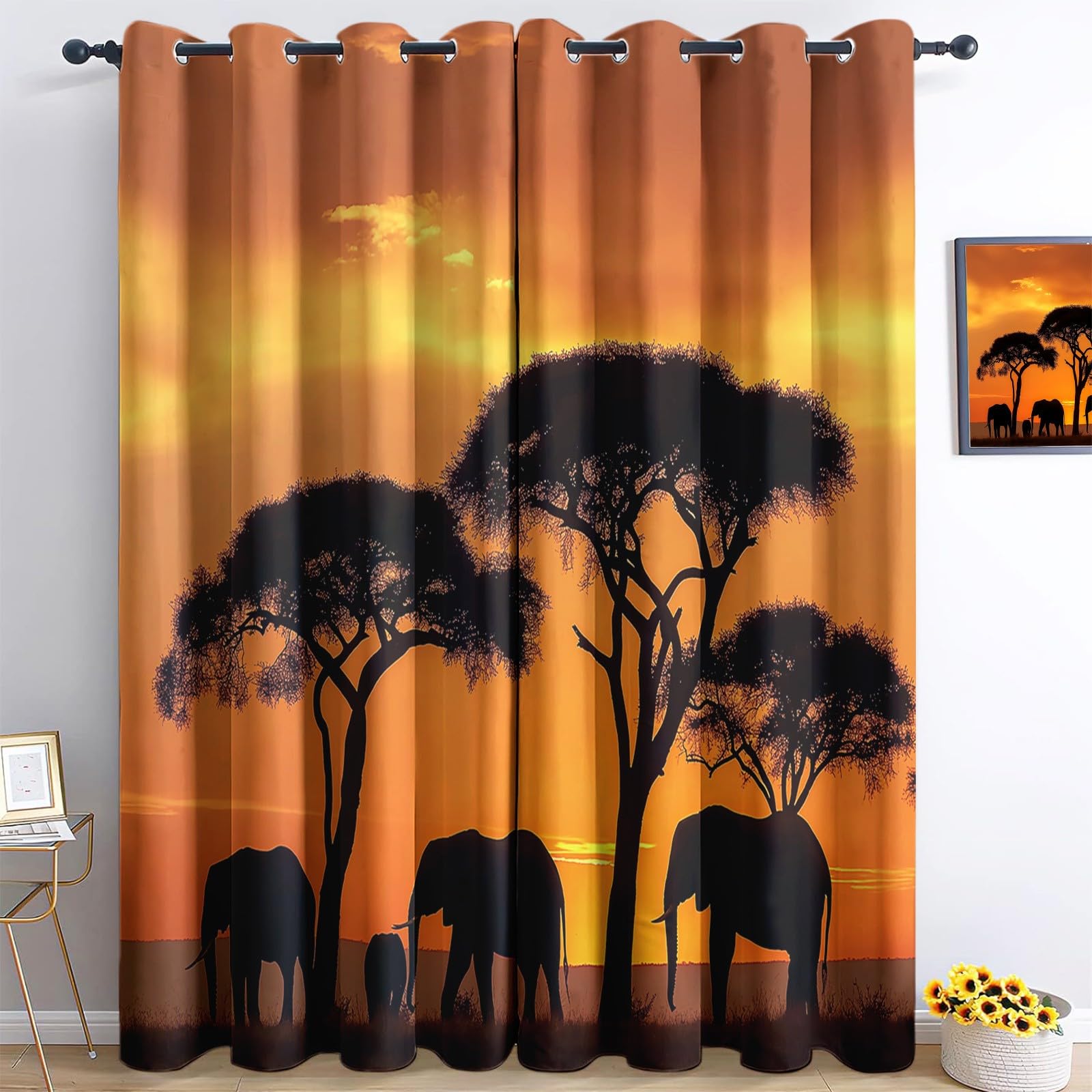 Curtains for Living Room 66” W x 72” L, Nature Photography Elephant Albizzia Tree Printed Thermal Blackout Curtains, Orange Soft Eyelet Ring Top Blackout Curtains 2 Panels for Home Decoration