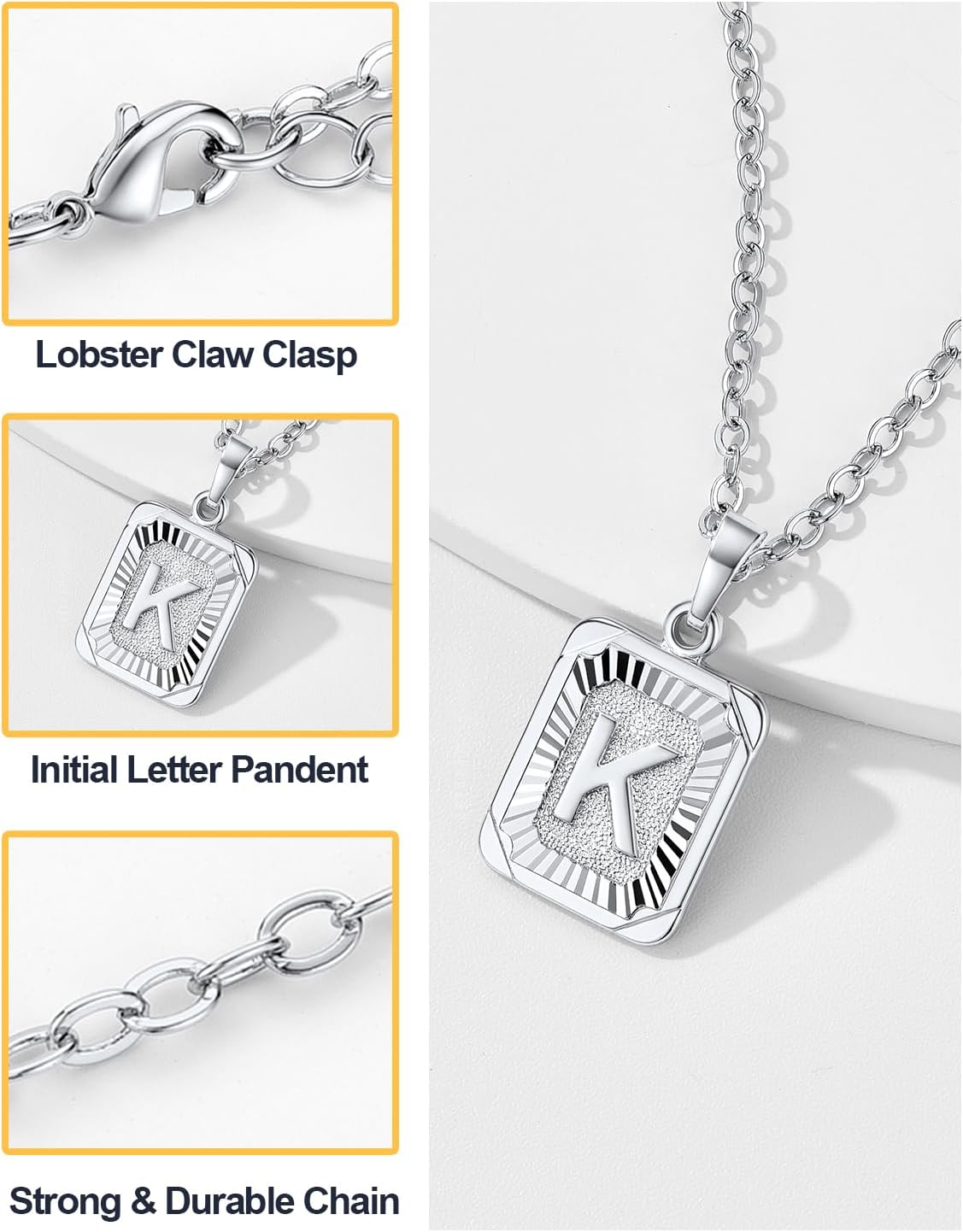 U7 Square Initial Necklace for Women, Gold/Platinum Plated A-Z 26 Letters Pendant Necklace, Large Capital Monogram Retangle Tag Necklace, Resizable Chain 20"-22" - Image 5