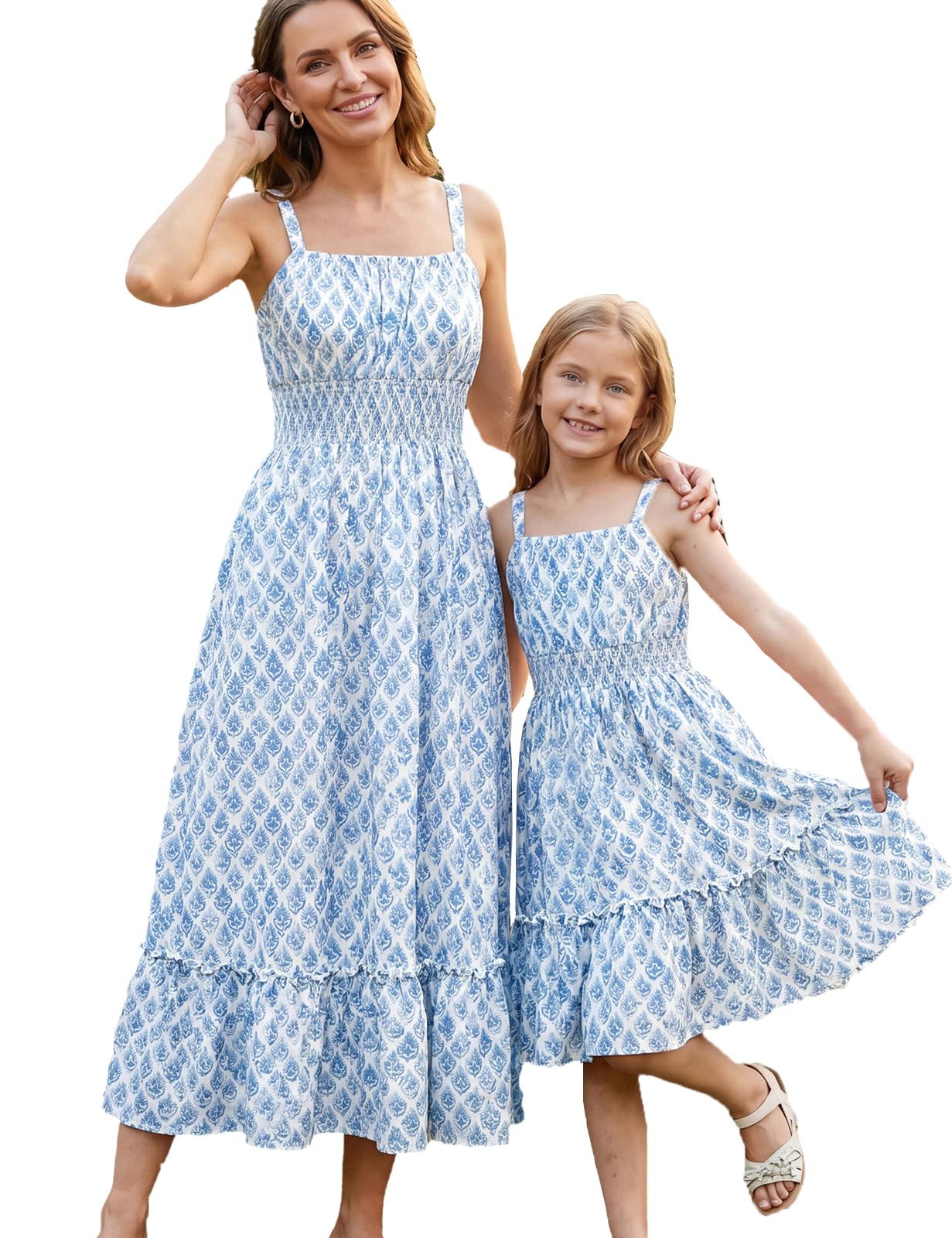 GRACE KARIN Mutter Tochter Kleider Blumen Sommerkleid, Ärmelloses A-Linien Kleid Damen Mädchen Elastischem Bund, Urlaub Familien Outfits Kleidung Sommer
