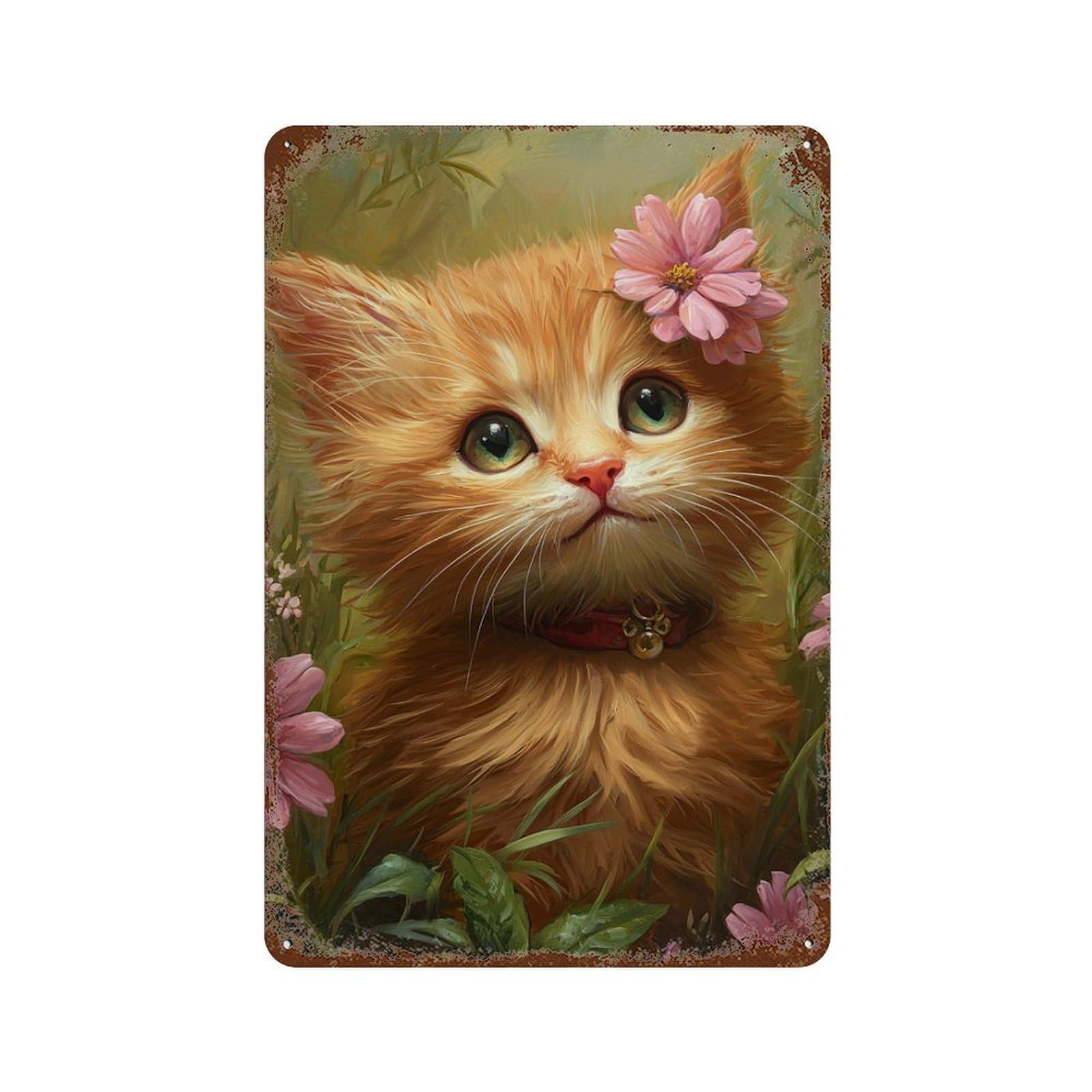 Fluffy Kitten with Pink Flower Vintage Rust Metal Sign 11.8"x7.9", Classic Wall Plaque for Garage, Pub Or Kitchen