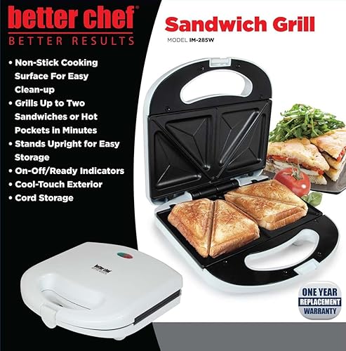 Miniatura 2 de Better Chef Prensa eléctrica para parrilla sándwich  2 sándwiches  Antiadherente  Almacenamiento vertical y de cable (blanco)