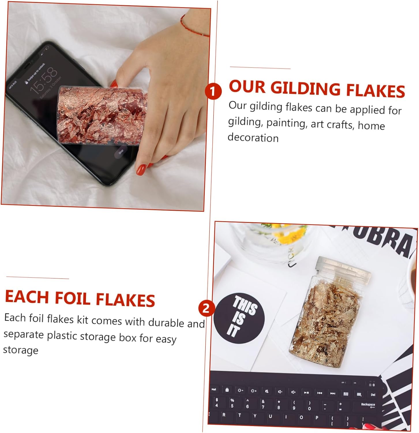 2pcs 3 Metallic Foil Flakes for Nail Art Gilding and Crafts Gold and for Unique Nail Decoration and Artistic Creations