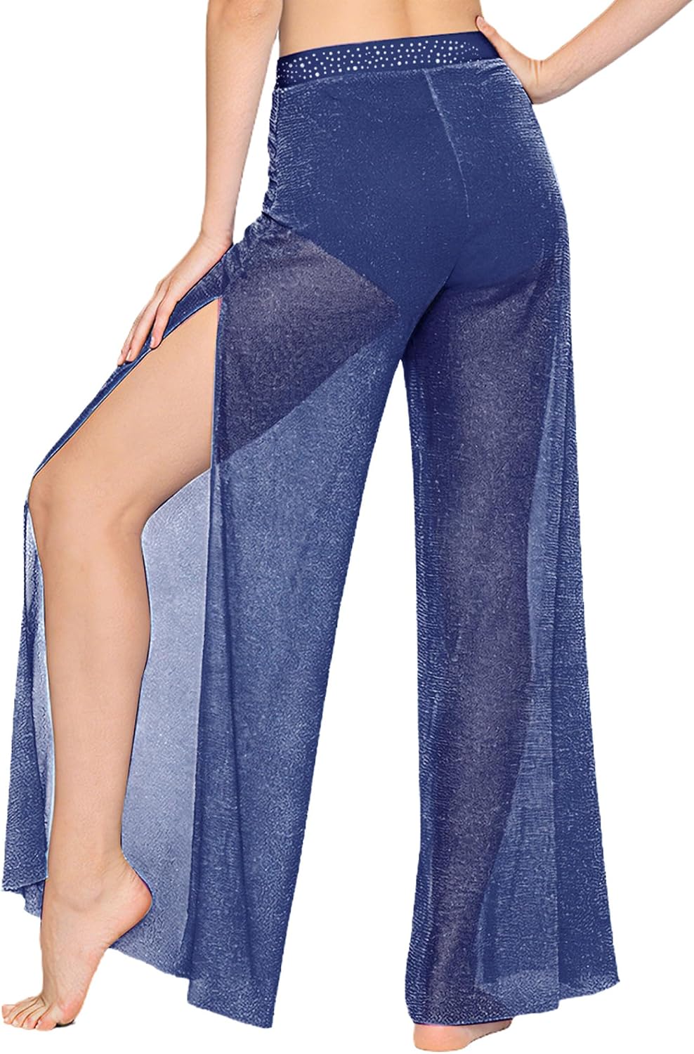 Vxuxlje Womens Lyrical Dance Pants Rhinestone Elastic Waistband Side Slit Chiffon Wide-Leg Pants