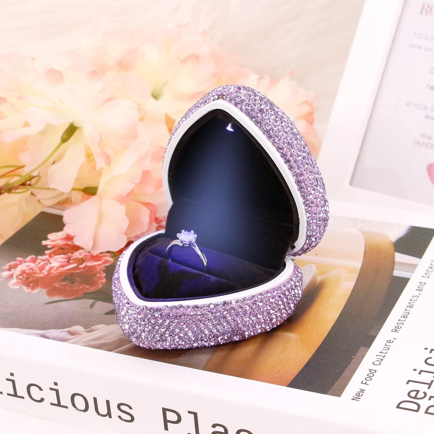 Naimo Bling Rhinestone Heart Shaped Ring Box Velvet Holder Earrings Coin Storage Case Organizer LED Light Jewelry Box for Proposal Engagement Wedding Valentines