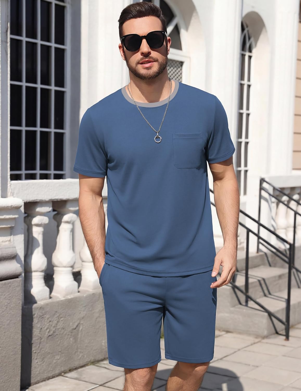 Ekouaer Mens Pajamas Sets Shorts Soft Short Sleeve Pjs Moisture Wicking Summer Sleepwear Casual Lounge Sets with Pockets - Image 6