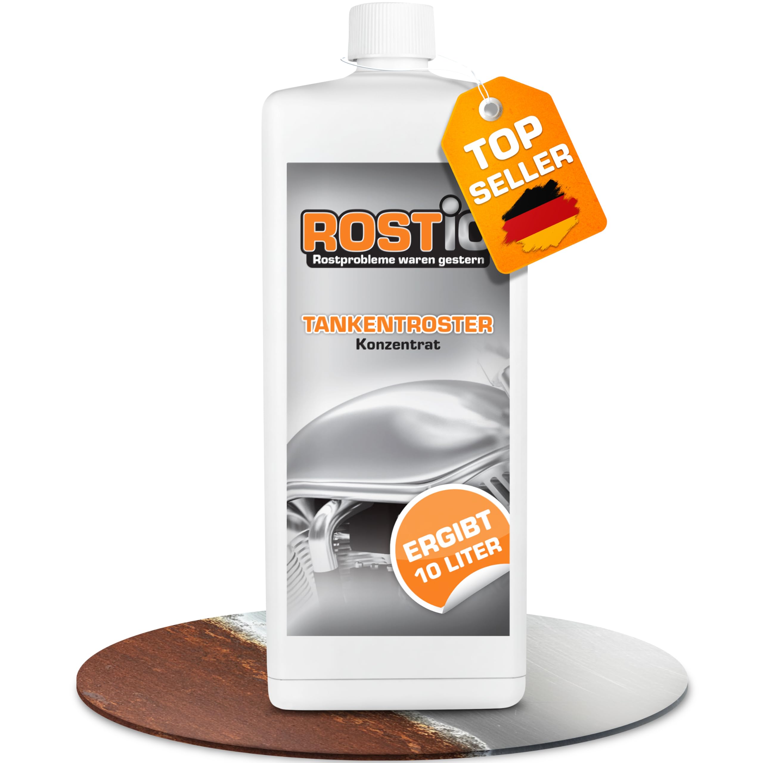 Rostio Tankentroster 1L – Konzentrat zur vollständigen Entrostung von Metalltanks – 1:10 verdünnbar – entfernt Rost zu 100% – für Tanks bis 10L – porentiefe Reinigung & Vorbereitung für Versiegelung