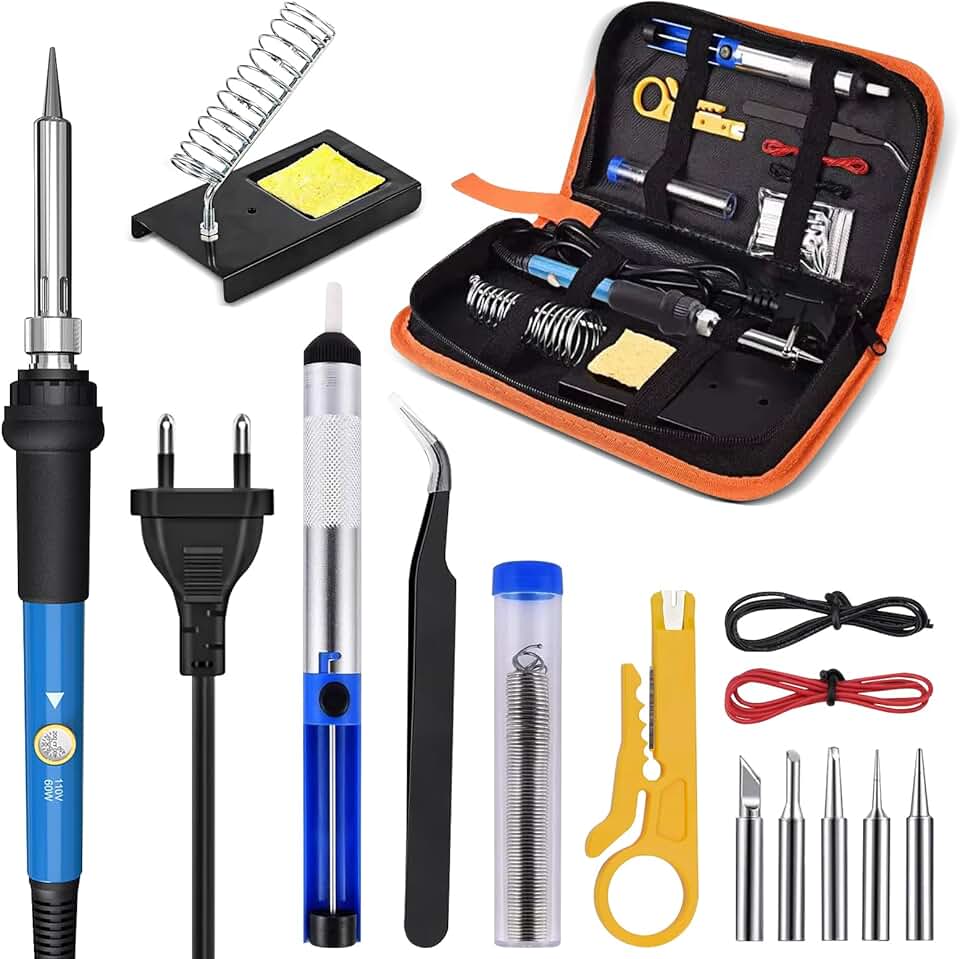 Ferro de Solda, Estação de Solda, Ferro de Solda 220v Kit de Eletrônicos, Ferramenta de Soldagem de Temperatura Ajustável de 60w, 5 Pontas de Solda, Bomba de Dessolda Sugador de Solda