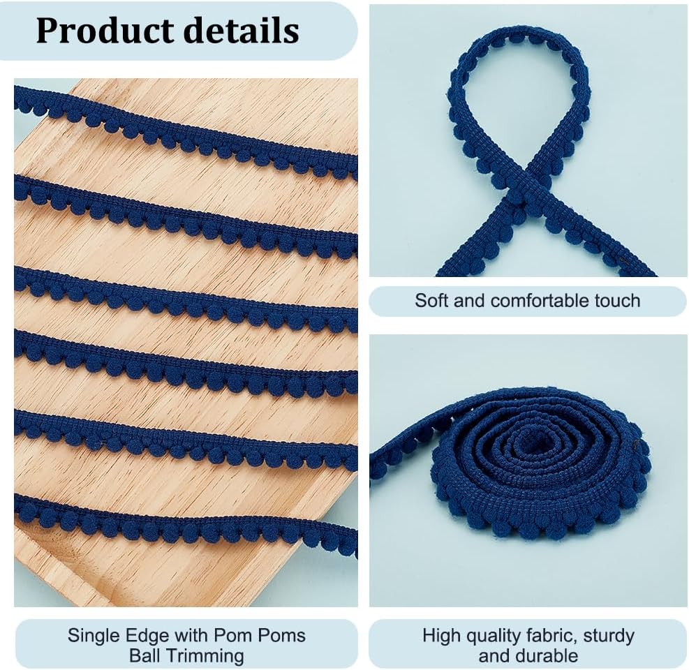 PH PandaHall 24 Yards Blue Ball Fringe, 3/8 inch Wide Sewing Lace Ribbon Pom Pom Trim Tassel Trim with 5mm Pompoms Balls for Home Curtain Pillow Clothes DIY Crafts Christmas Party Decoration