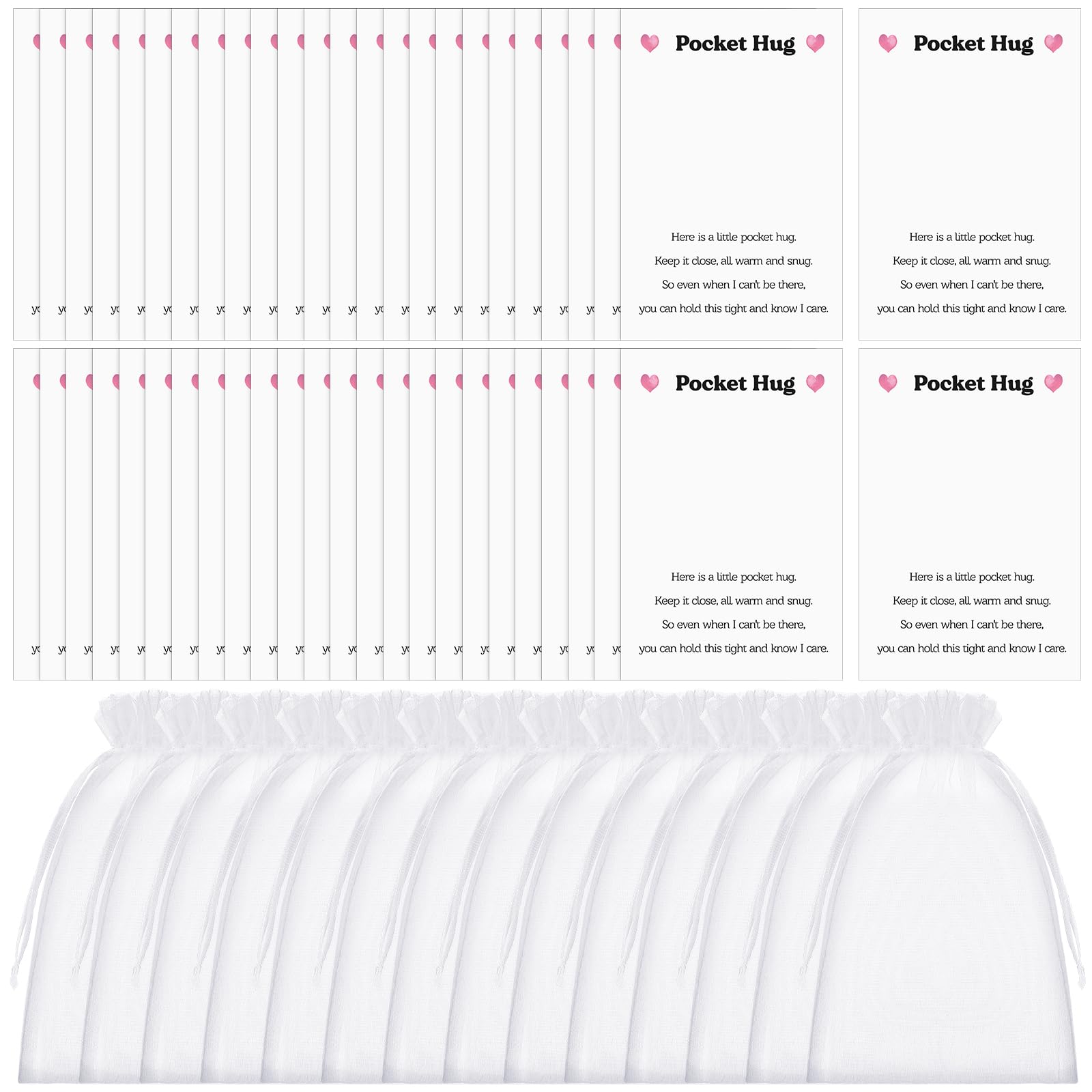 Zeyune 100 Sets Pocket Hug Cards Blank Pocket Hug Heart with Organza Bags DIY Crafts Handmade Keepsake Valentine's Day Gifts for Coworker Family
