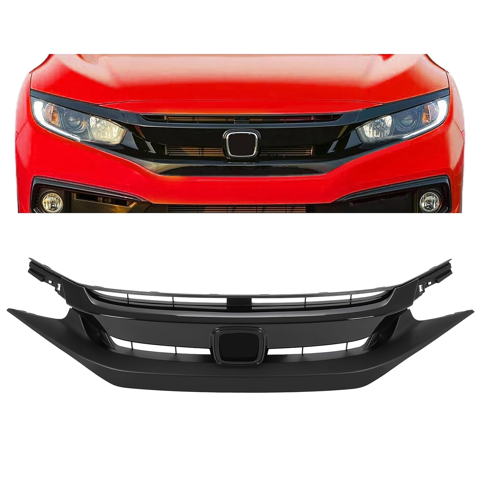 KUAFU Front Bumper Grill Compatible with 2019-2021 Honda Civic Sedan Coupe Upper Hood Grille Painted Gloss Black & Matte Black