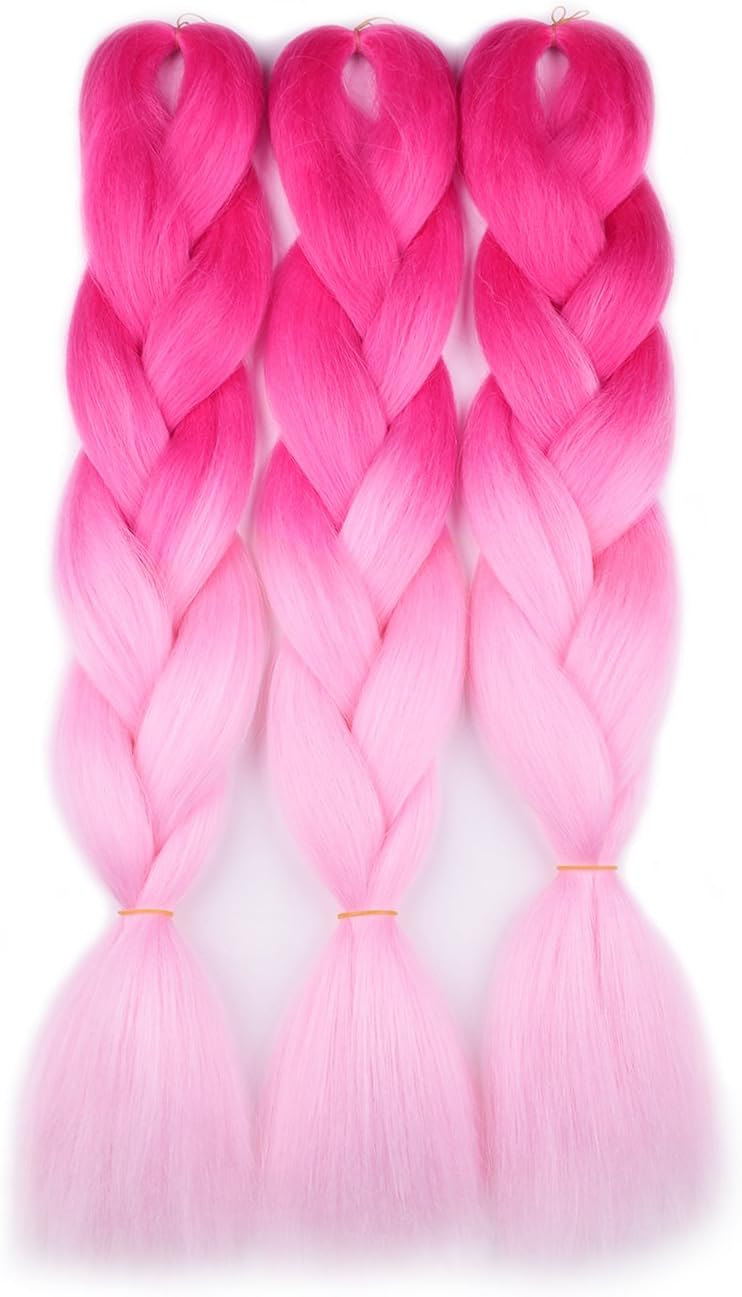 Ombre Braiding Hair (Pink/Light Pink)3pcs Jumbo Braiding Hair Extension For Box Braids Twist 24 Inch Hot Water Seal Real Soft