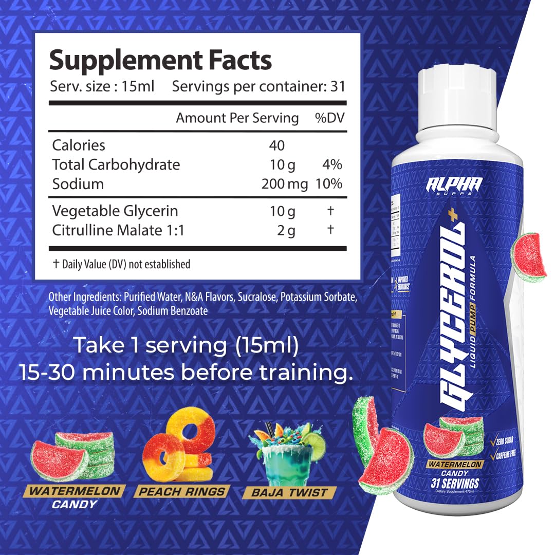 Alpha Supps Glycerol+ Liquid Pump Formula - Stim-Free Liquid Glycerol and Citrulline High-Performance Supplement for Enhanced Muscle Pumps, Hydration, & Endurance (31 Servings, Watermelon Candy) — Amazon image 2