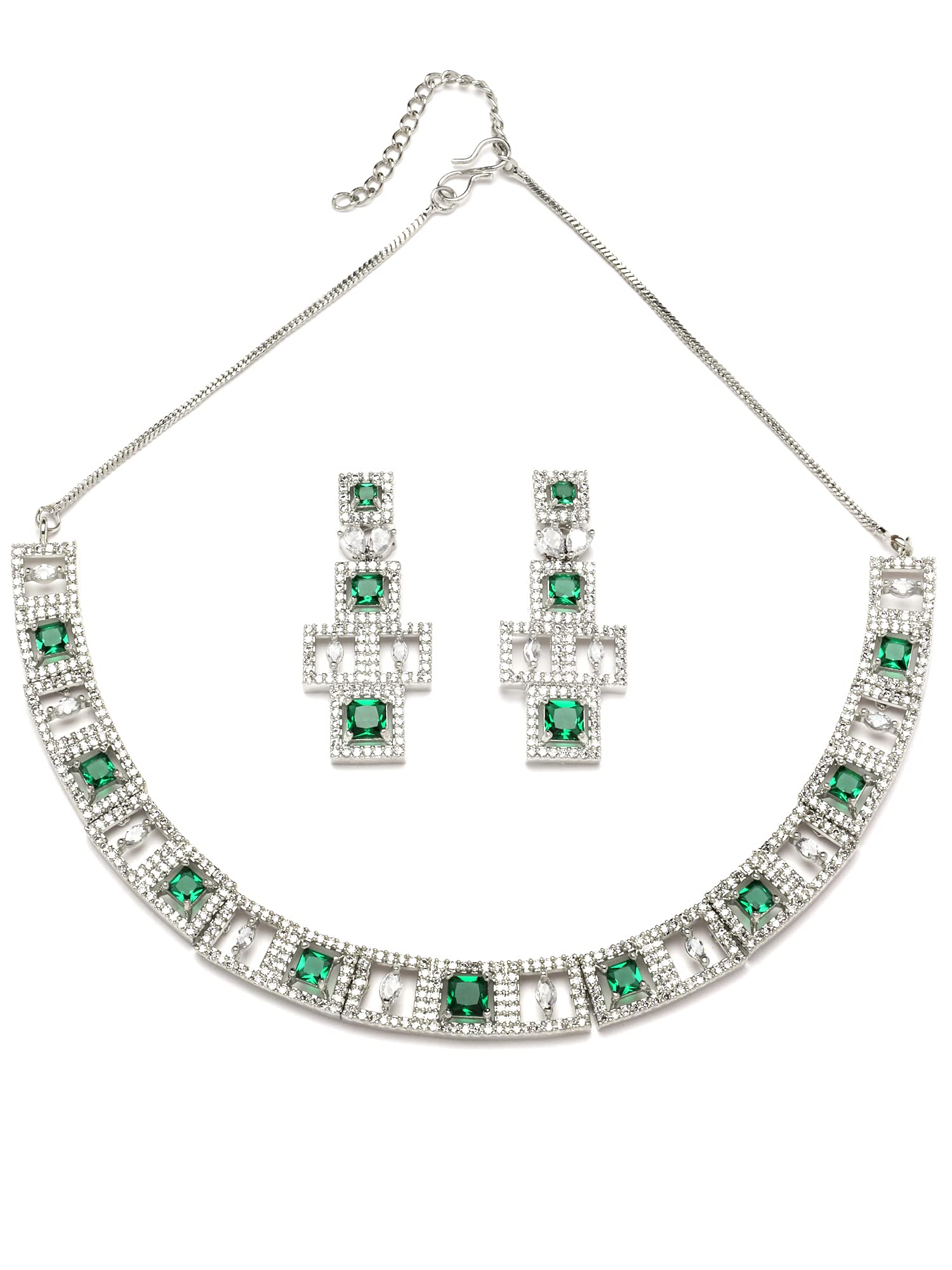 karatcart Silver Tone Green American Diamond Studded Necklace Set-picture-0