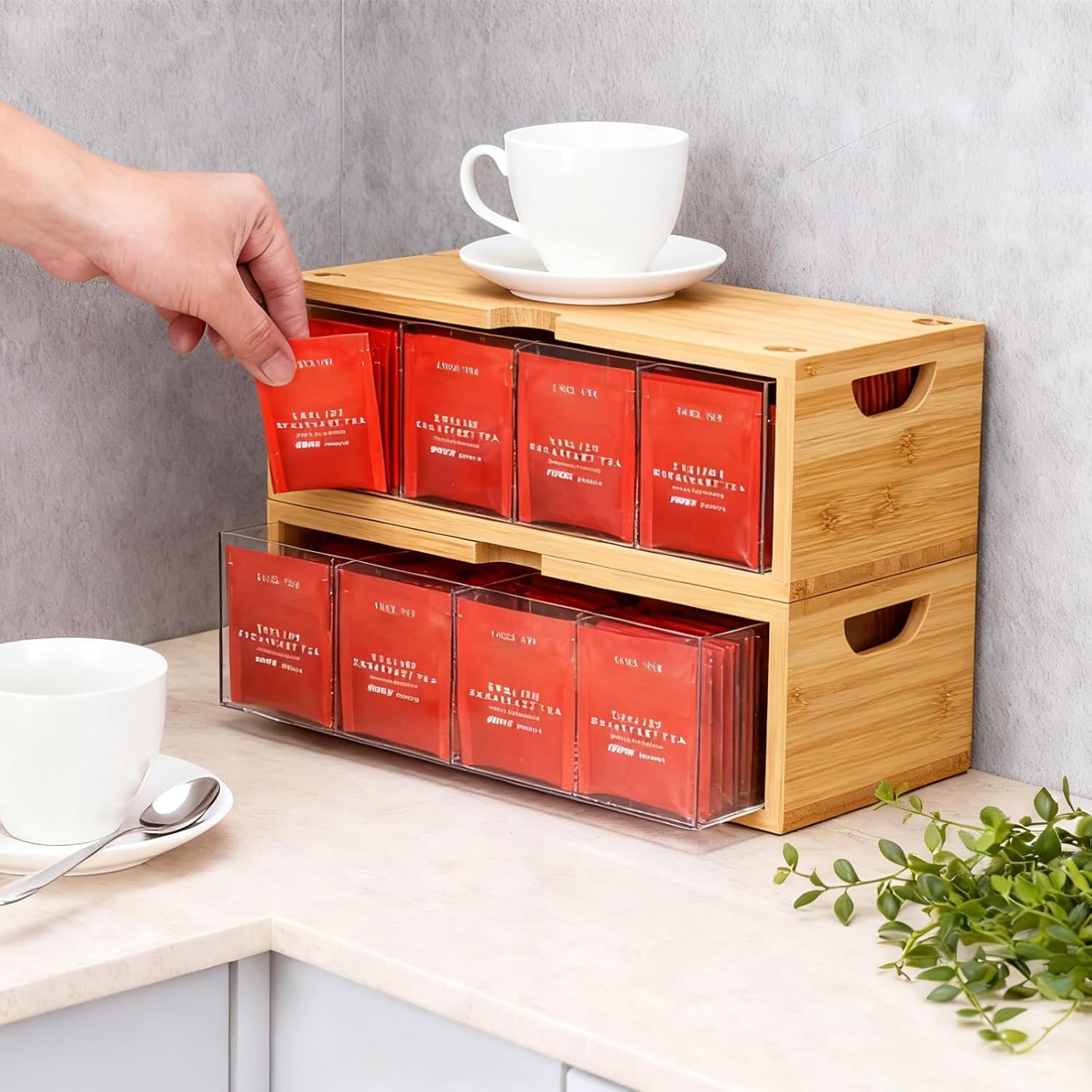 Stackable Bamboo Tea Box Organizer (Set of 2) - Large Capacity Tea Bag Storage Holder for Pantry & Cabinet - Multipurpose Tea Chest - Sustainable Kitchen Drawer & Office Breakroom Decor