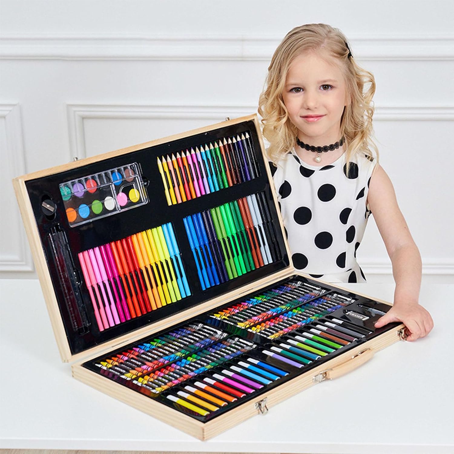 Kids Drawing Kit Wooden Art Set, Children's Multi Purpose Art Supplies with 12 Watercolor Cakes 40 Crayons 40 Oil Pastels 56 Pens 20 Pencils, Complete Drawing Kit for Kids in Wood