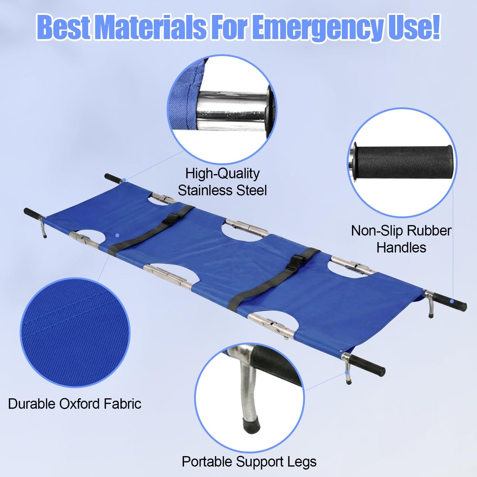 Camilla plegable portátil, Camilla médica de emergencia de Acero inoxidable de Alta resistencia, plegable en 4 secciones, con Tela Oxford, correas de seguridad y, Blue