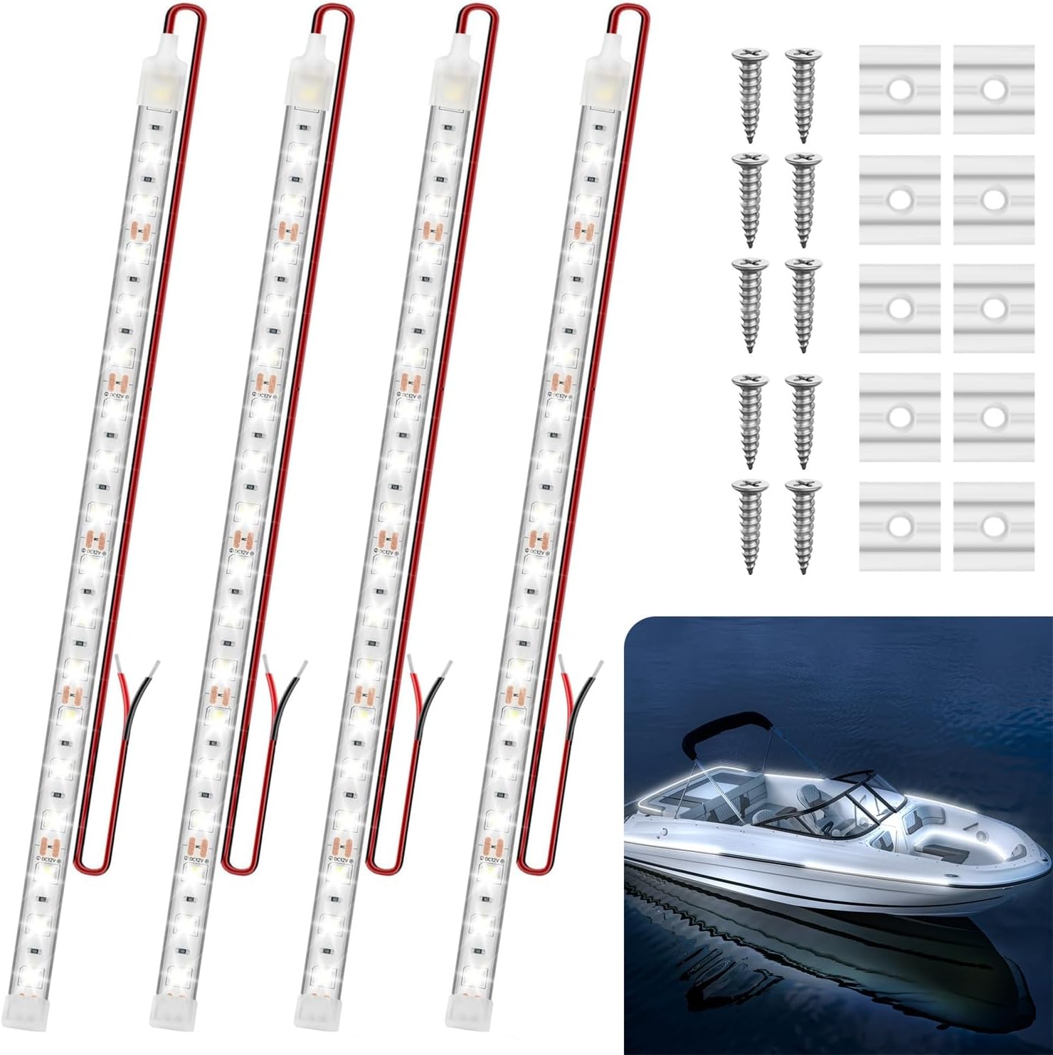 Boat Marine Submersible Led Strip Lights, 4 Pcs 20 Inches 12V Super Bright Boat Interior Lights, IP68 Waterproof Marine Led Strip Lights Night Fishing Lights for Boats, Kayak (Blue)