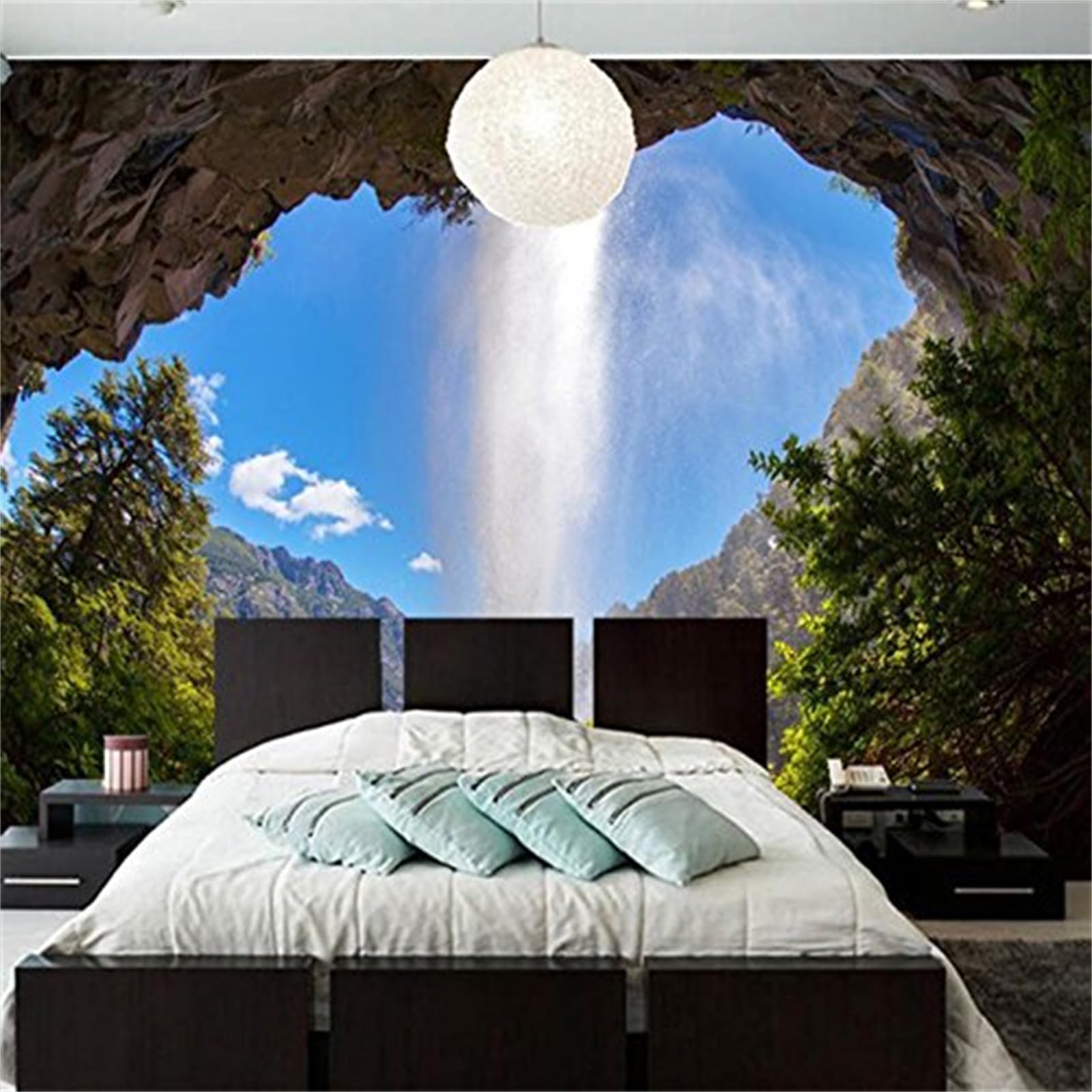 Cave with Waterfall Wallpaper Wall Decals, Sky with White Clouds Wall Stickers Murals Removable Wall Murals Peel and Stick Wall Decor for Girls