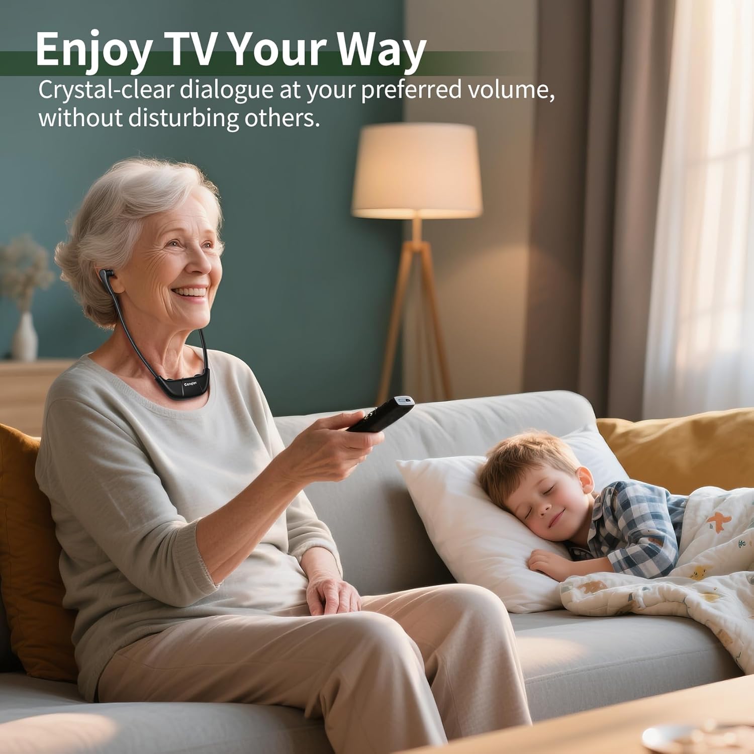 Conqier 2.4G Digital Wireless TV Headphones - for Seniors - 164FT Range No Signal Drop, Voice Enhancer & 3 Tone, L/R Balance, Spare Battery, Stereo TV Headset Works with Most TVs - Headphone No Delay