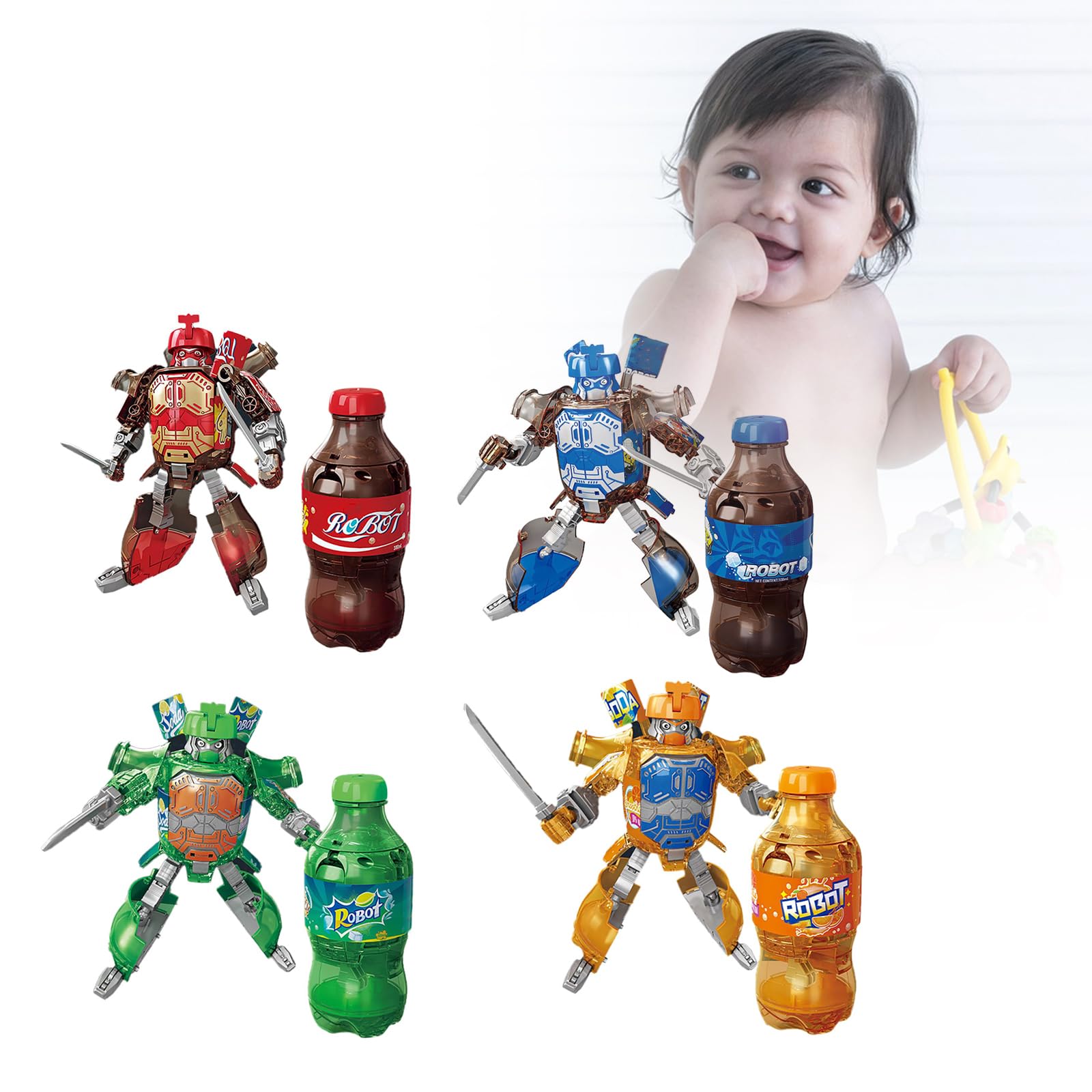 Bottles Transformer Robot Toys, 2024 New Creative Soda Deformation Robot Toys, Transforming Toys, Dinosaur Robot Action Figures Toys, Magnetic Assembling Robot Toys for Kids Ages 3 and Up (4pcs)