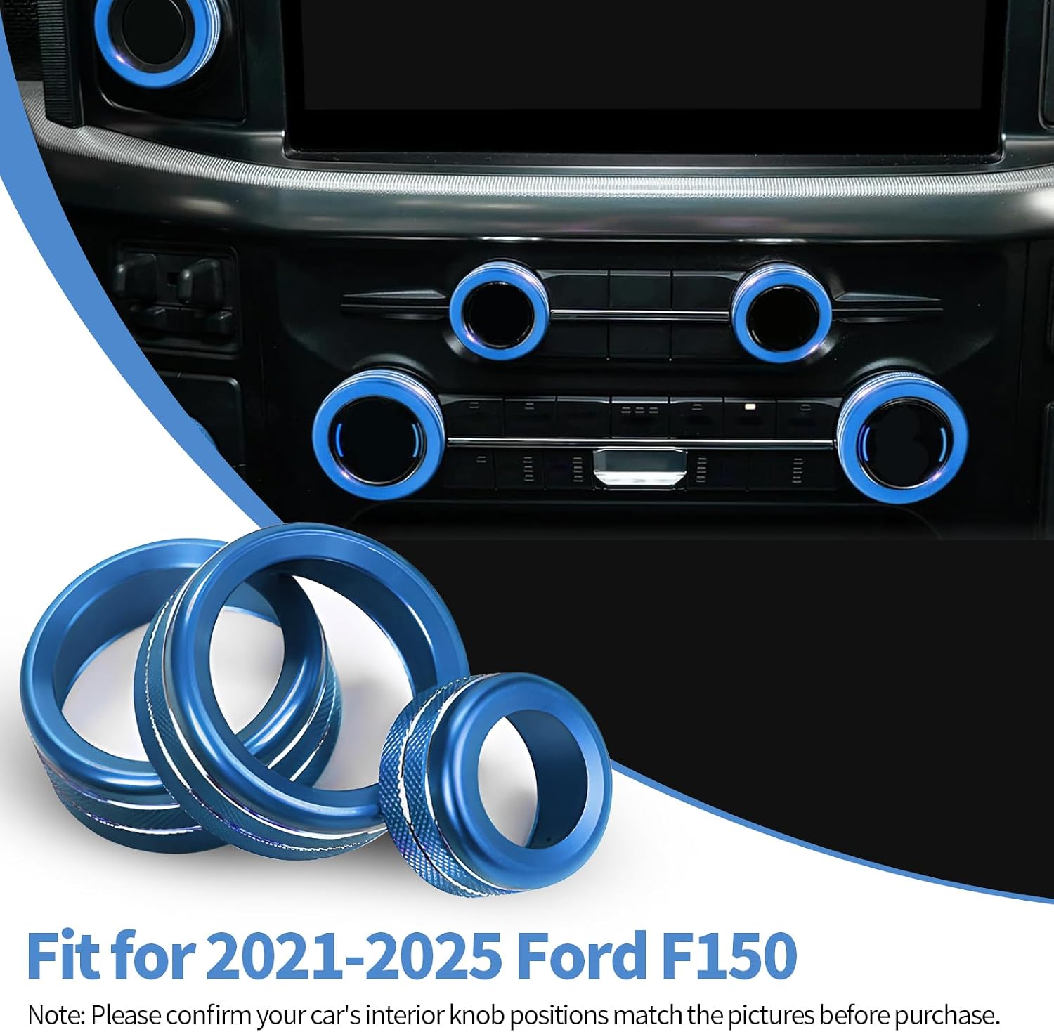 9 PCS Knob Ring Trim, Custom Fit for 2021-2025 Ford F150 Car Interior Accessories Knob Cover Trim, Aluminum Alloy AC Volume Trailer 4WD Headlight PushStart Button Covers (Blue)