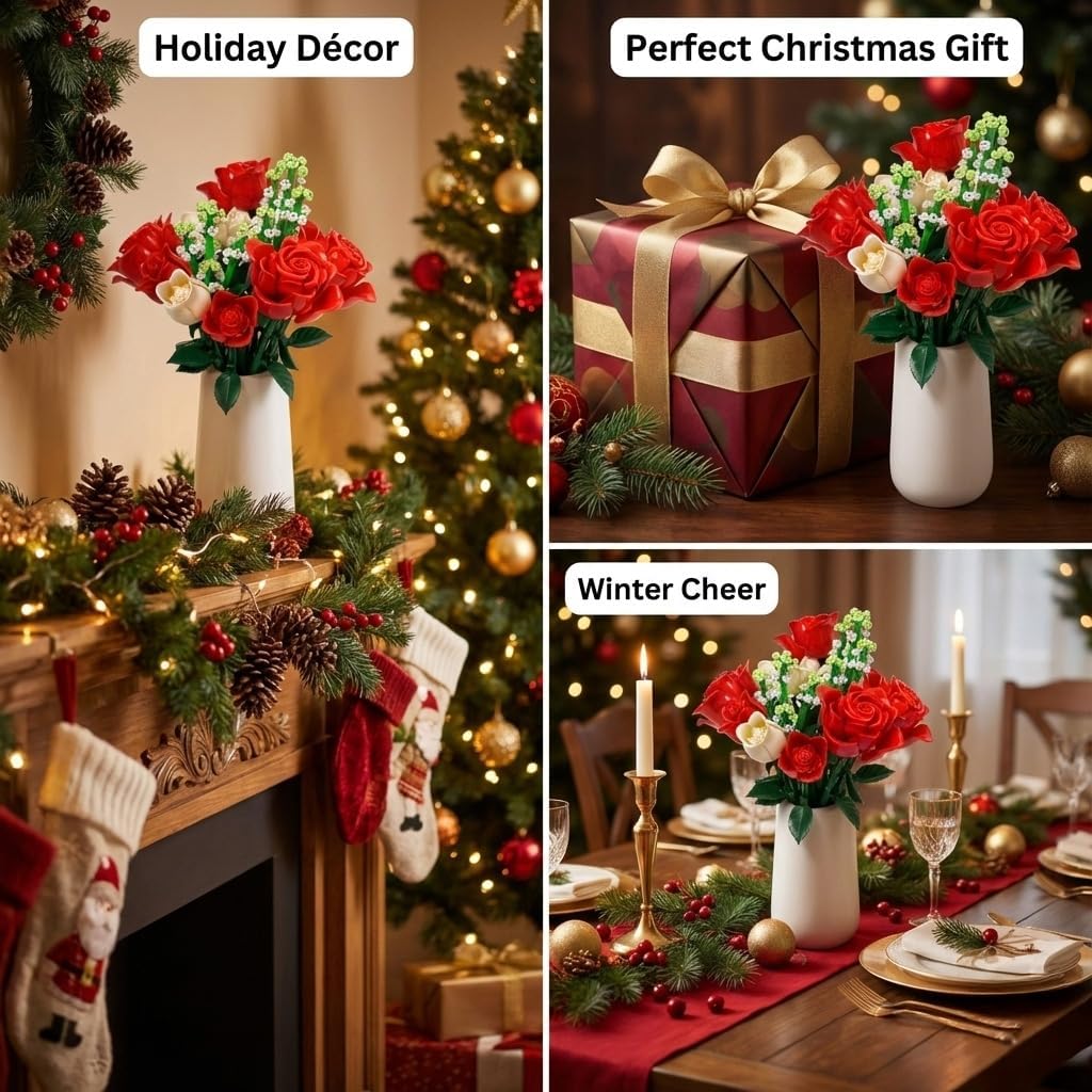 WISEPLAY Rose Bouquet Flower Building Set – 697 PCS for Women, DIY Red & White Rose Flower Building Blocks, Creative for Adults & Teens - Image 7