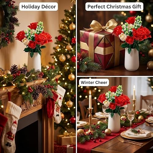 Miniatura 7 de WISEPLAY Juego de construcción de ramo de rosas – 697 piezas para mujeres, bloques de construcción de flores de rosas rojas y blancas, creativo para