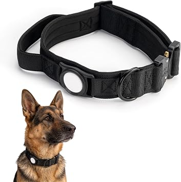 2026 Upgrade AirTag Dog Collar, Military Tactical Dog Collar with AirTag Holder, Comfortable Control Handle and Metal Buckle, GPS Heavy Duty Dog Collar Holder for Medium to Large Dogs Black, L