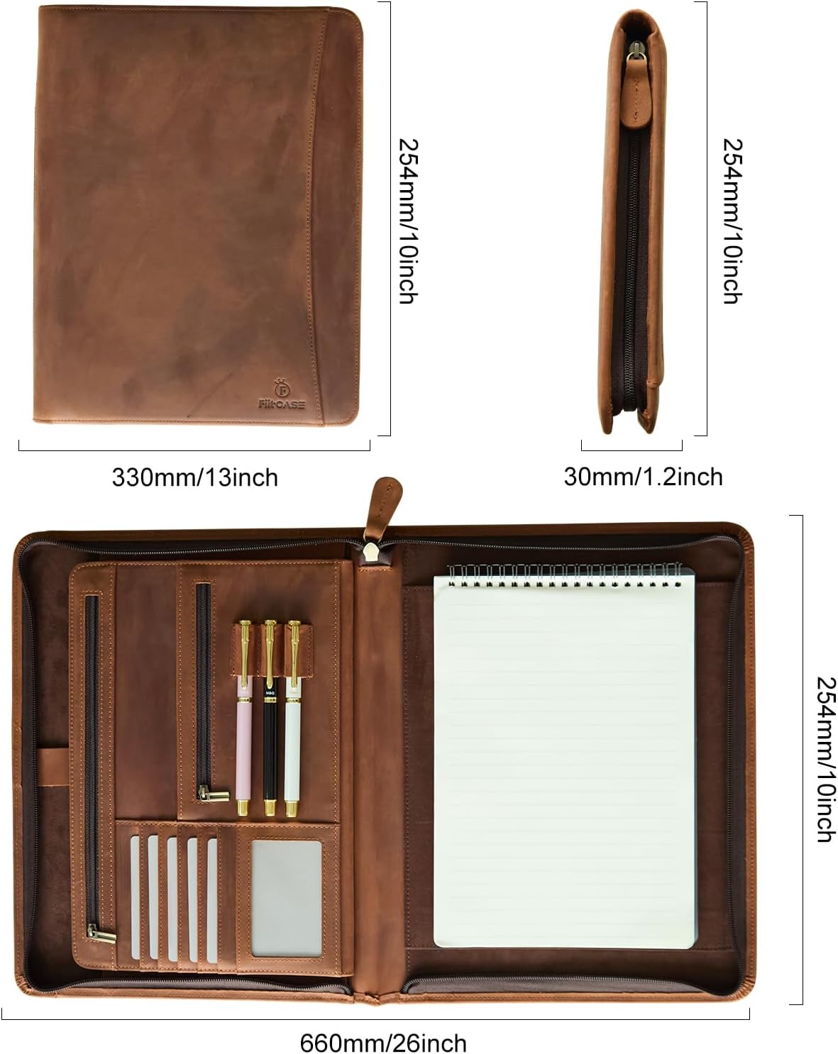 Genuine Crazy Horse Leather Portfolio Gift Set with Handwritten Card & Cable Tie, Vintage A4 Document Organizer in Luxury Box, Graduation Promotion New Job Gift for Men Women