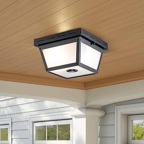 Miniatura 6 de c cattleya Lámpara de techo con sensor de movimiento de 2 luces, luz empotrada para exteriores, luces de porche, montaje en techo negro con vidrio
