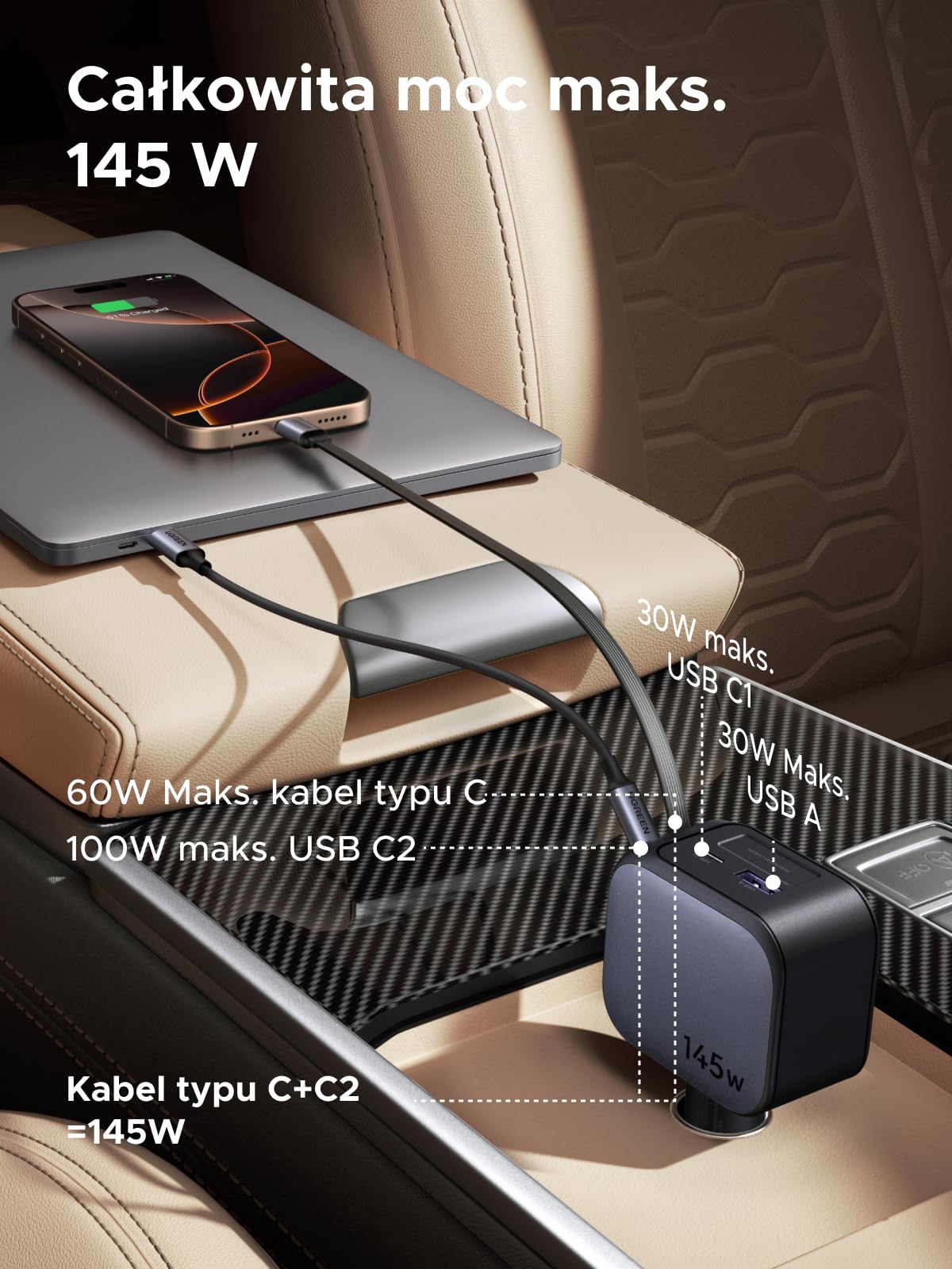 UGREEN Zapalniczka 145W Chowana szybka ładowarka samochodowa 100W Zintegrowany kabel USB-C Akcesoria samochodowe 4 w 1 Adapter szybkiego ładowania do iPhone 17/16/Macbook/iPad/Galaxy S25/GPS itp.