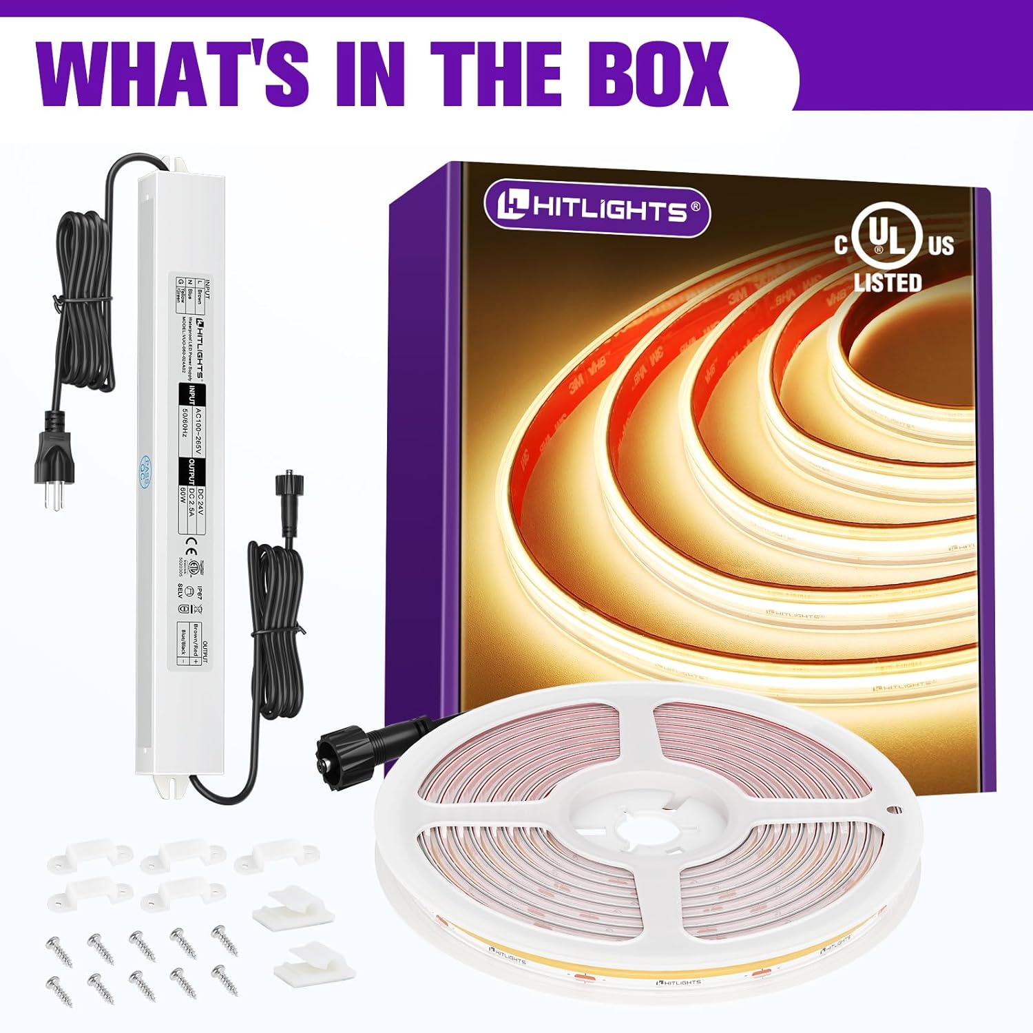 Outdoor COB LED Strip Lights Kit Waterproof 3000K Warm White, 24V Tape Light with Power Supply, IP67, 2560 LEDs, 305 lm/ft, CRI 90+, UL Listed, Premium Lighting for Kitchen, Cabinets, Bedroom, 16.4ft