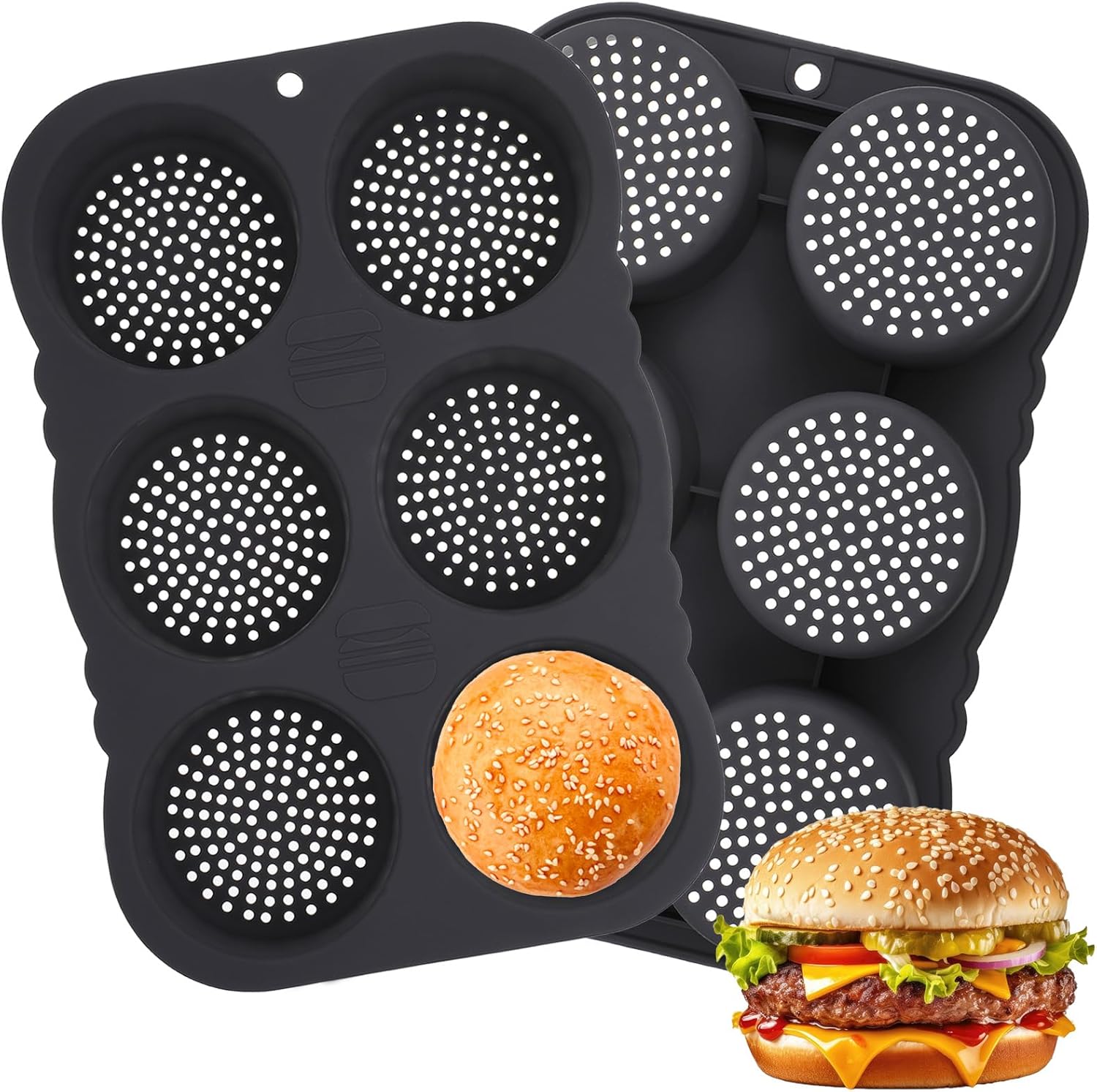 2 Pcs Hamburger Bun Pan, 4 Inch Silicone Hamburger Bun Mold, 6 Cup Big Baking Pan for Homemade Buns, Dishwasher Safe
