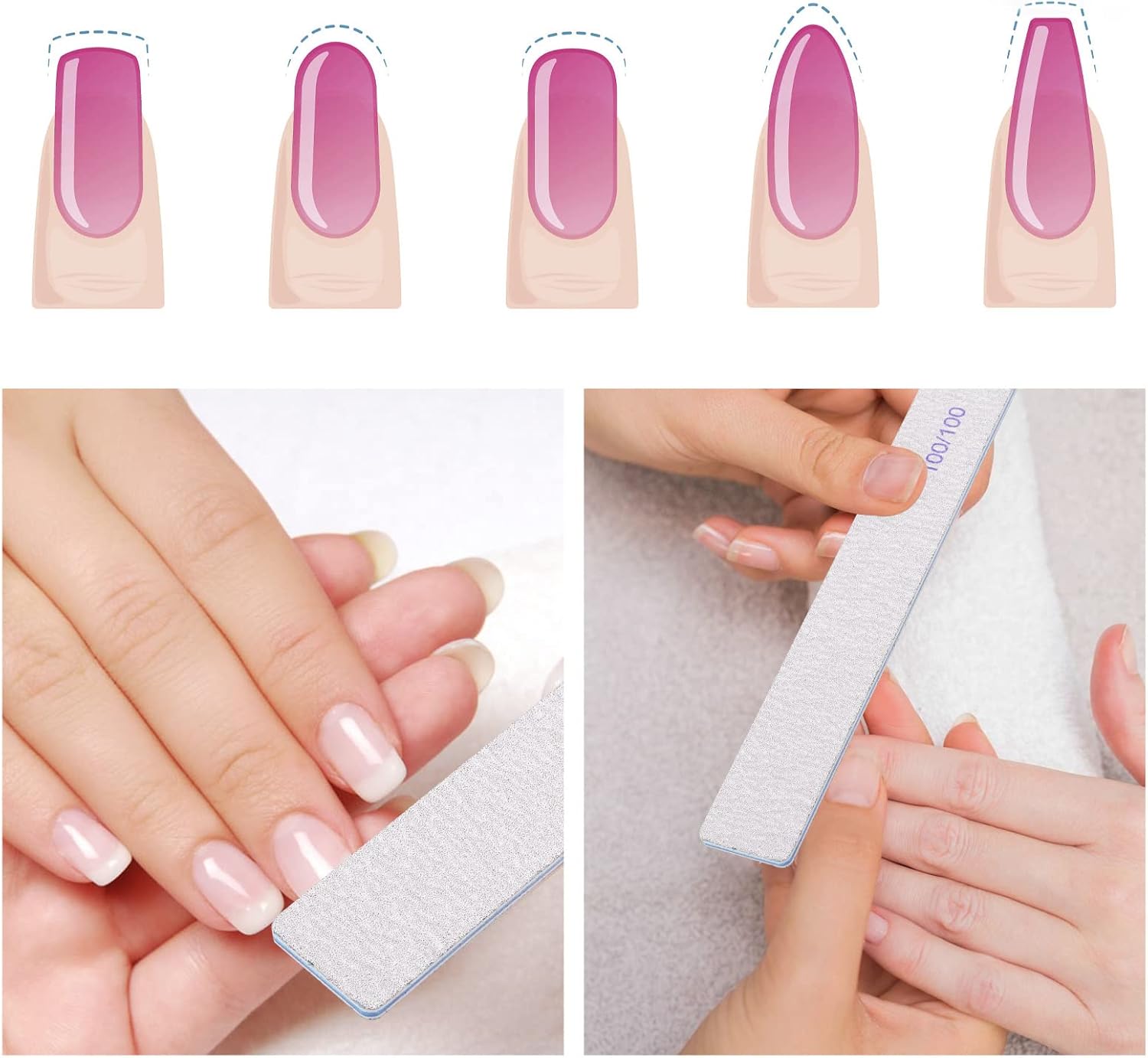 100 Pieces Rectangle Nail Files 100/100 Grit, Reusable Nail Buffers Double Sided Emery Boards Fingernail Files for Acrylic Nails and Natural Nails