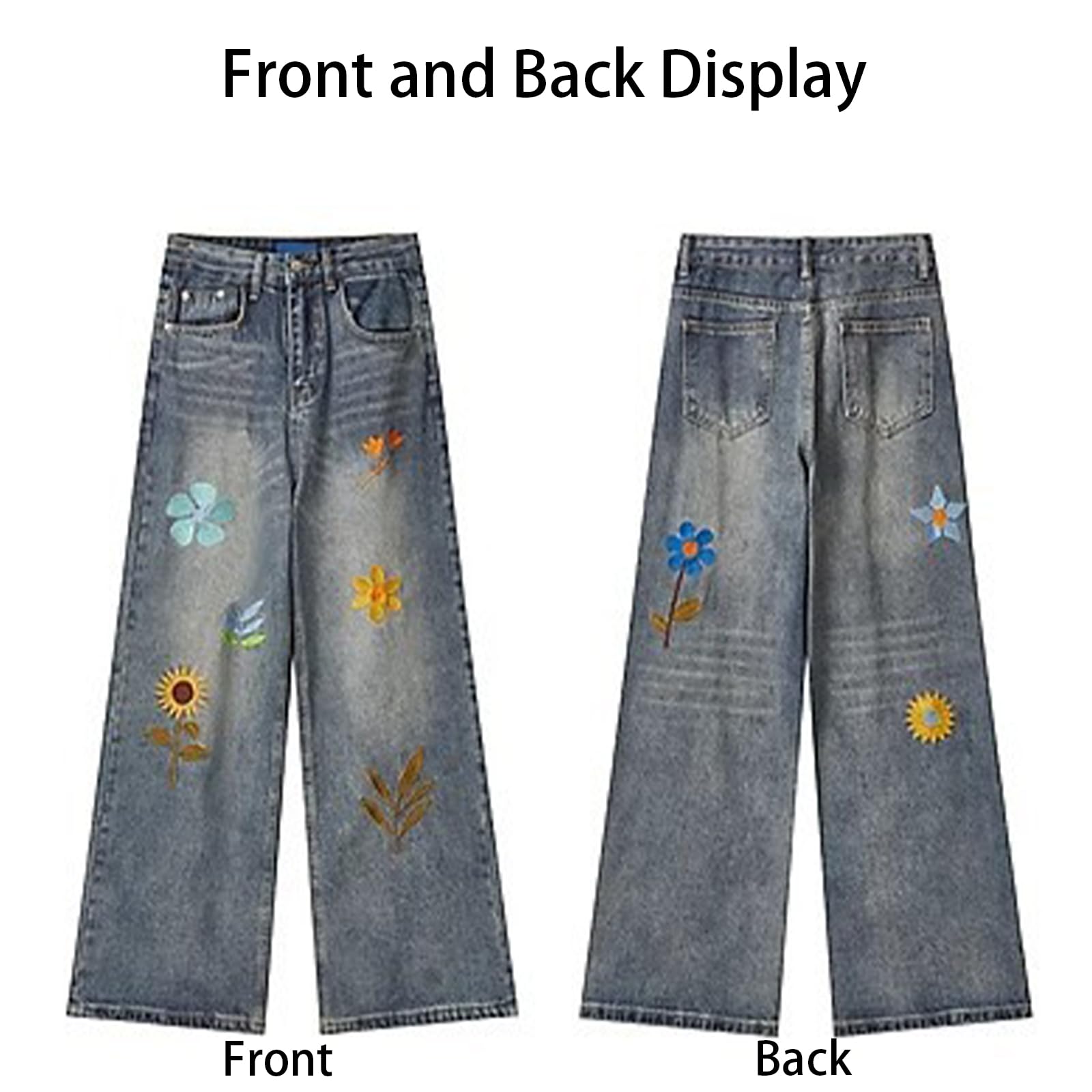 Herren Floral Stickerei Mid Rise Gerade Jeans Hip Hop Streetwear Lose Lässige Breite Bein Hosen