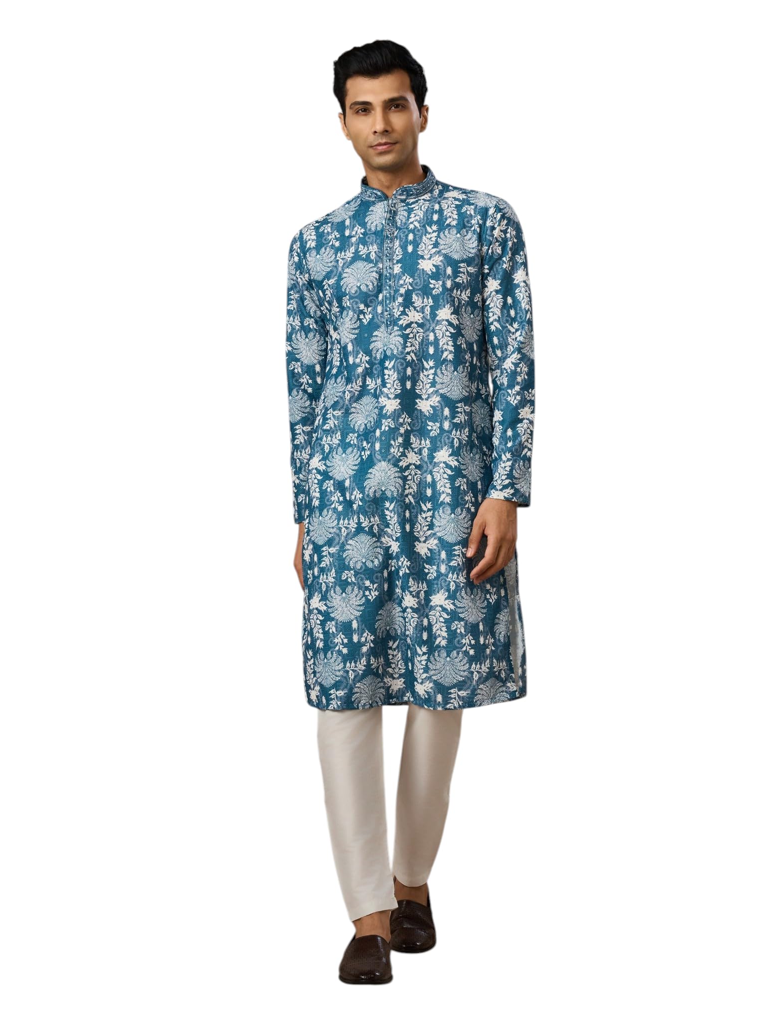 Men's Cotton Blend Floral Print Full Sleeves Long Kurta Pyjama Set (2pcs)-image-21