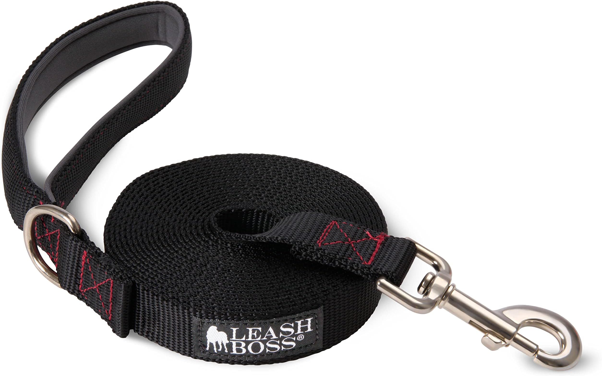 Leash Boss 15 Foot Dog Leash with Padded Handle - Long Leash for Hiking, Camping, Exploring, or Walking (15 Ft, Black/Red/Grey)