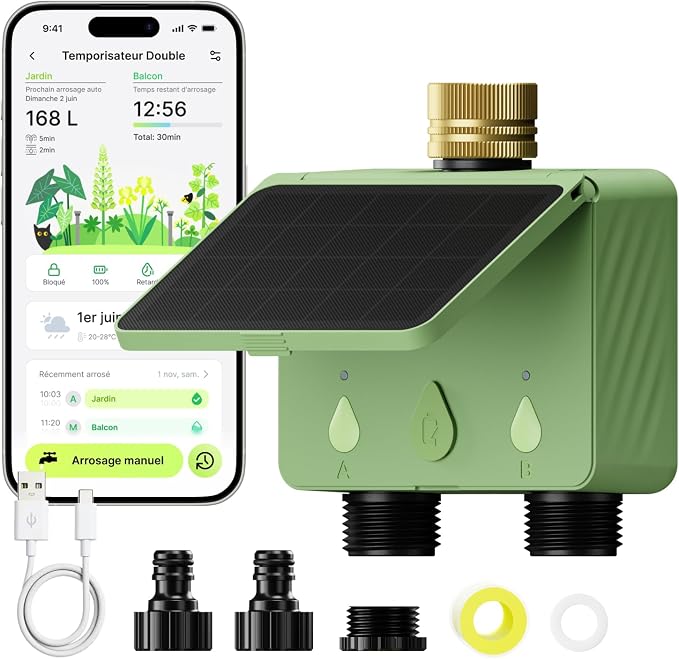 EZAIoT Programmateur Arrosage WiFi 2 voies solaire avec débitmètre