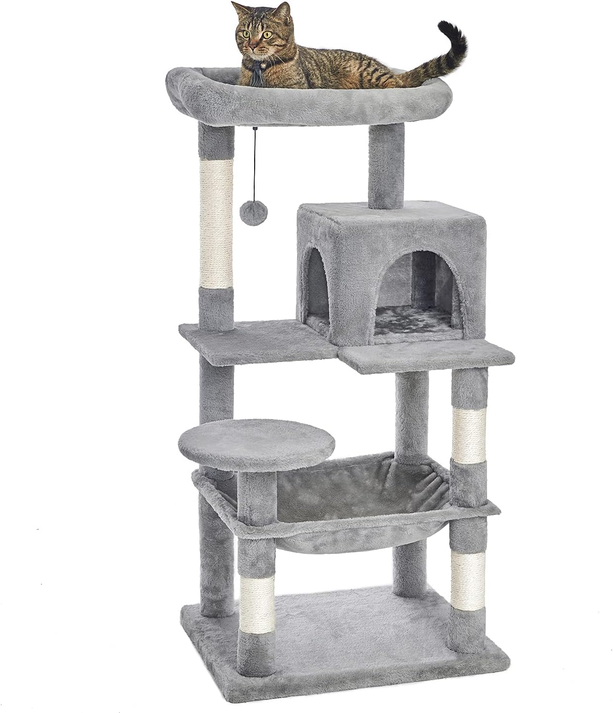 46.5 inches Cat Tree Multi-Level Cat Tower with Sisal-Covered Scratching Posts, Plush Perches, Hammock and Condo for Cats Light Gray