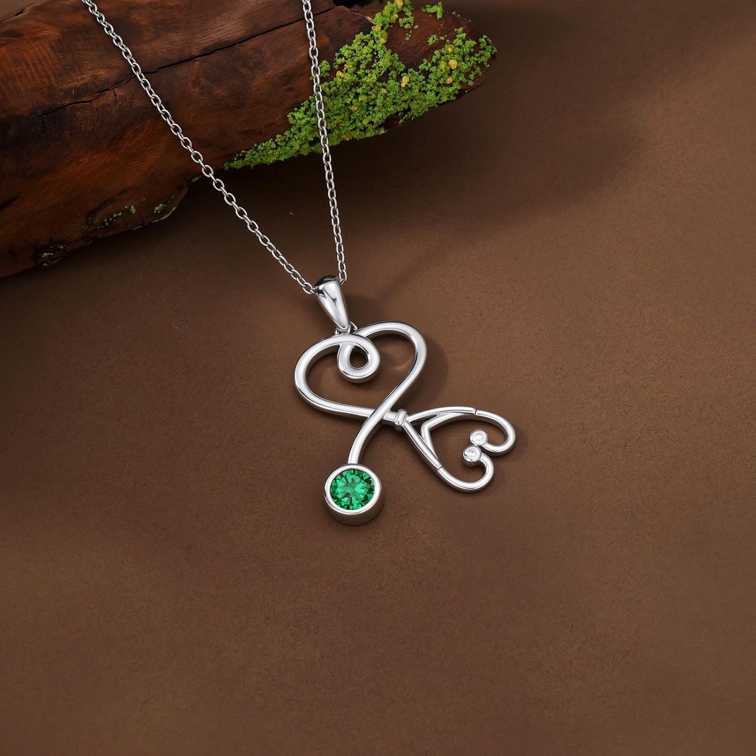 YYB Nurse Gifts Necklace 18K White Gold Plated Sterling Silver Stethoscope Birthstone Jewelry for Women Nursing Themed Medicine Nurse's Day Gift Doctor Medical Student RN