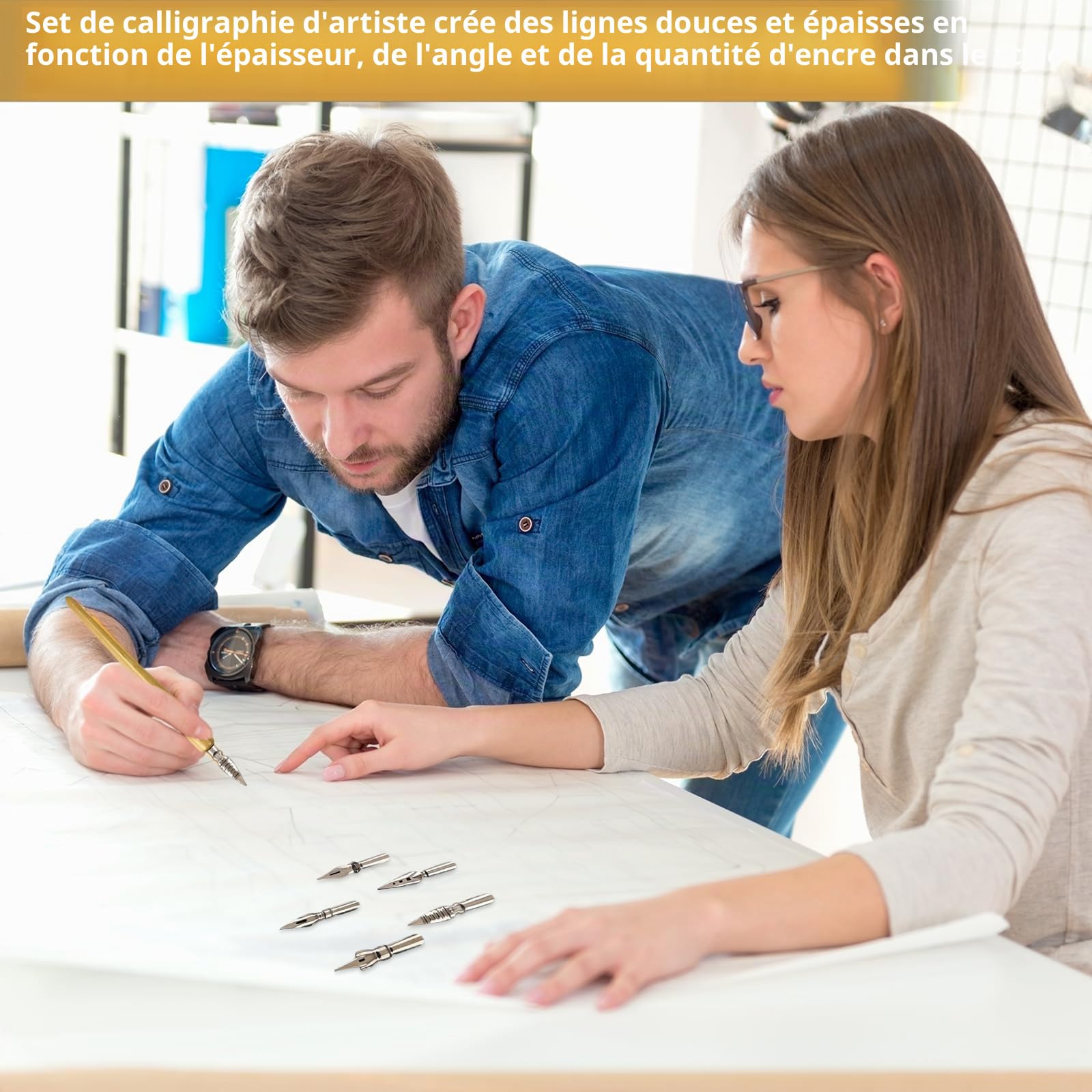 kit Calligraphie Plume avec 2 Porte-stylos Dip et 10 Plumes en Acier Inoxydable, Set écriture Artistique pour Dessin Manga Calligraphie débutant et Artiste confirmé, poignée Bois Ergonomique